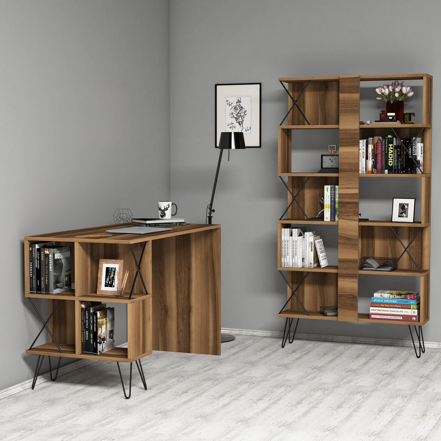 Birou cu rafturi, Hanah Home, pal melaminat, nuc si negru, 120x60x78.8 cm, 845HCT3826 — imaginea 4