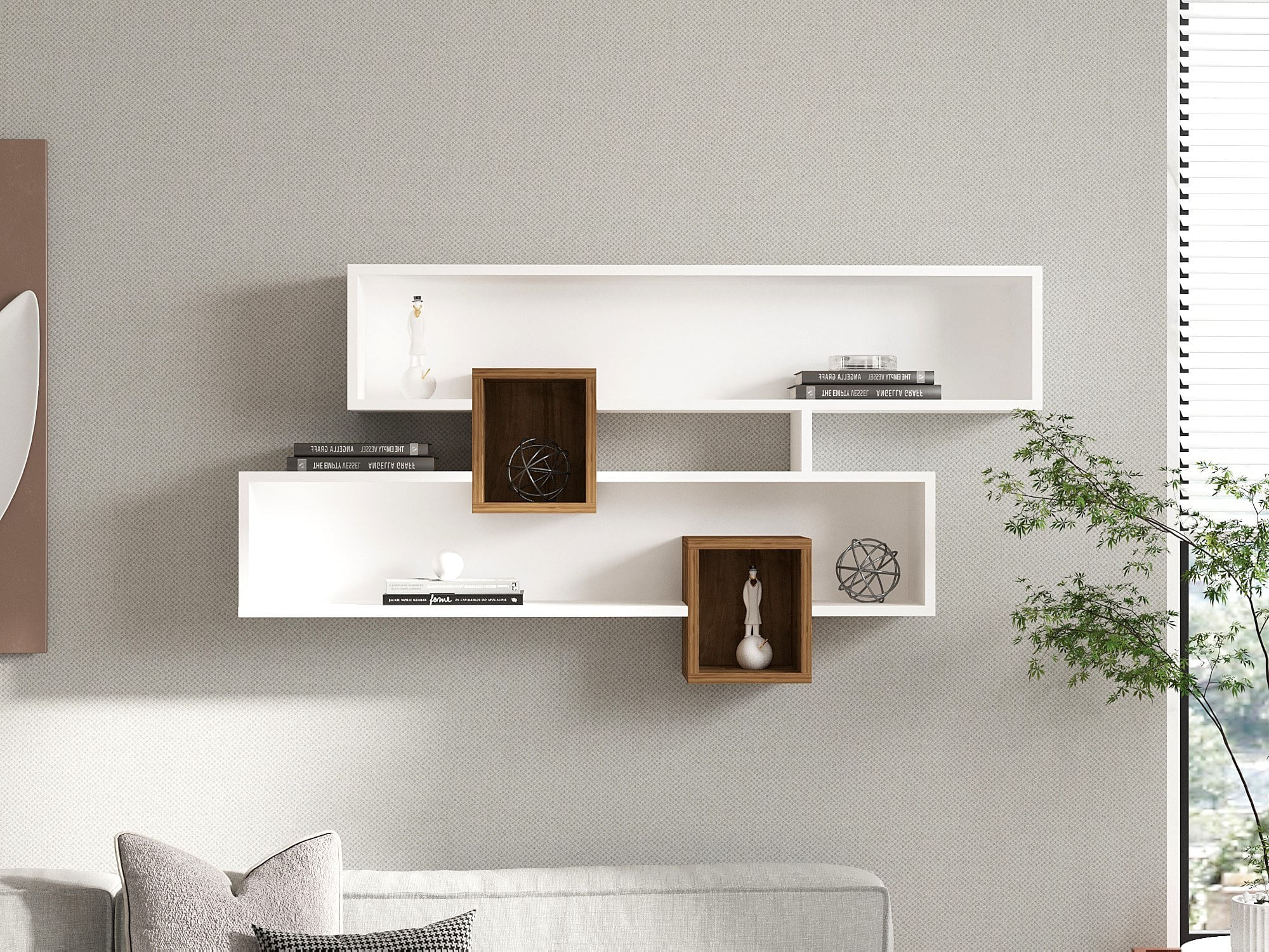 Raft de perete, Hanah Home, pal melaminat, nuc si alb, 120x75x22 cm — imaginea 3