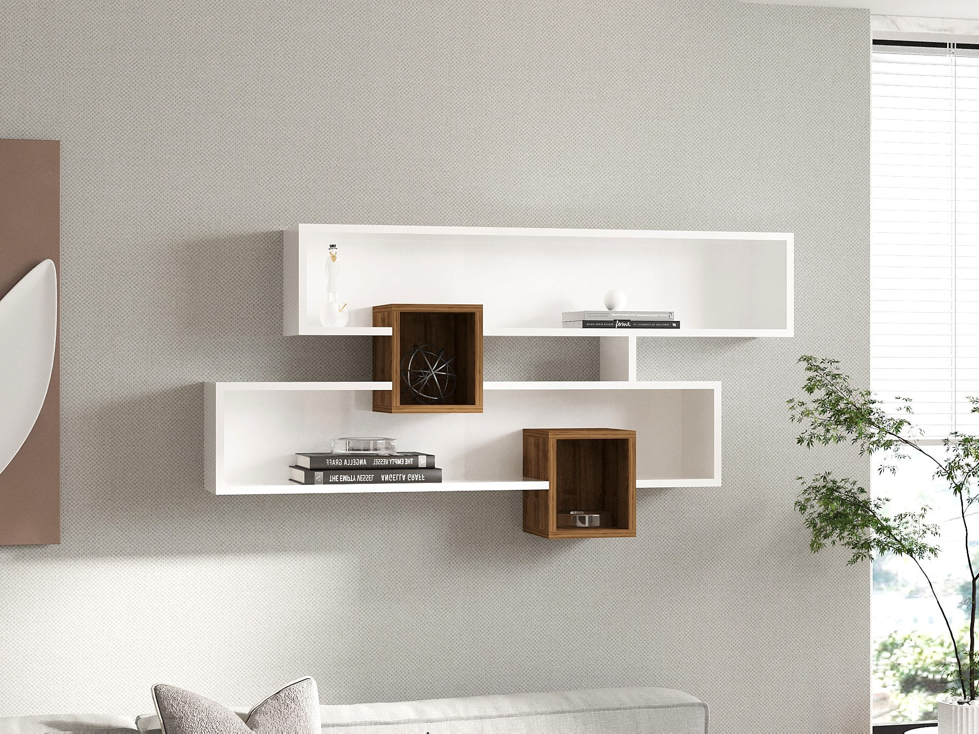 Raft de perete, Hanah Home, pal melaminat, nuc si alb, 120x75x22 cm — imaginea 4