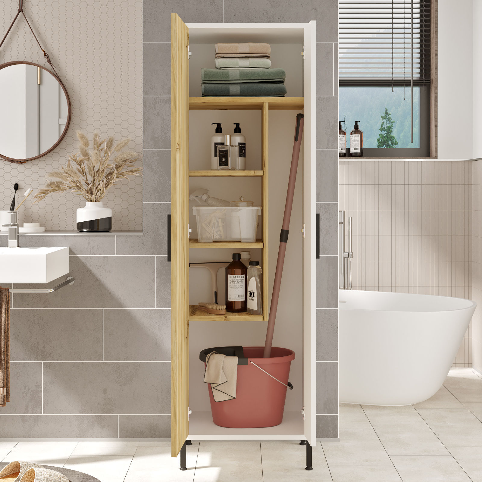 Dulap multifunctional, Hanah Home, panou aglomerat melaminat, nuc si alb, 50.4x35.7x165 cm — imaginea 3