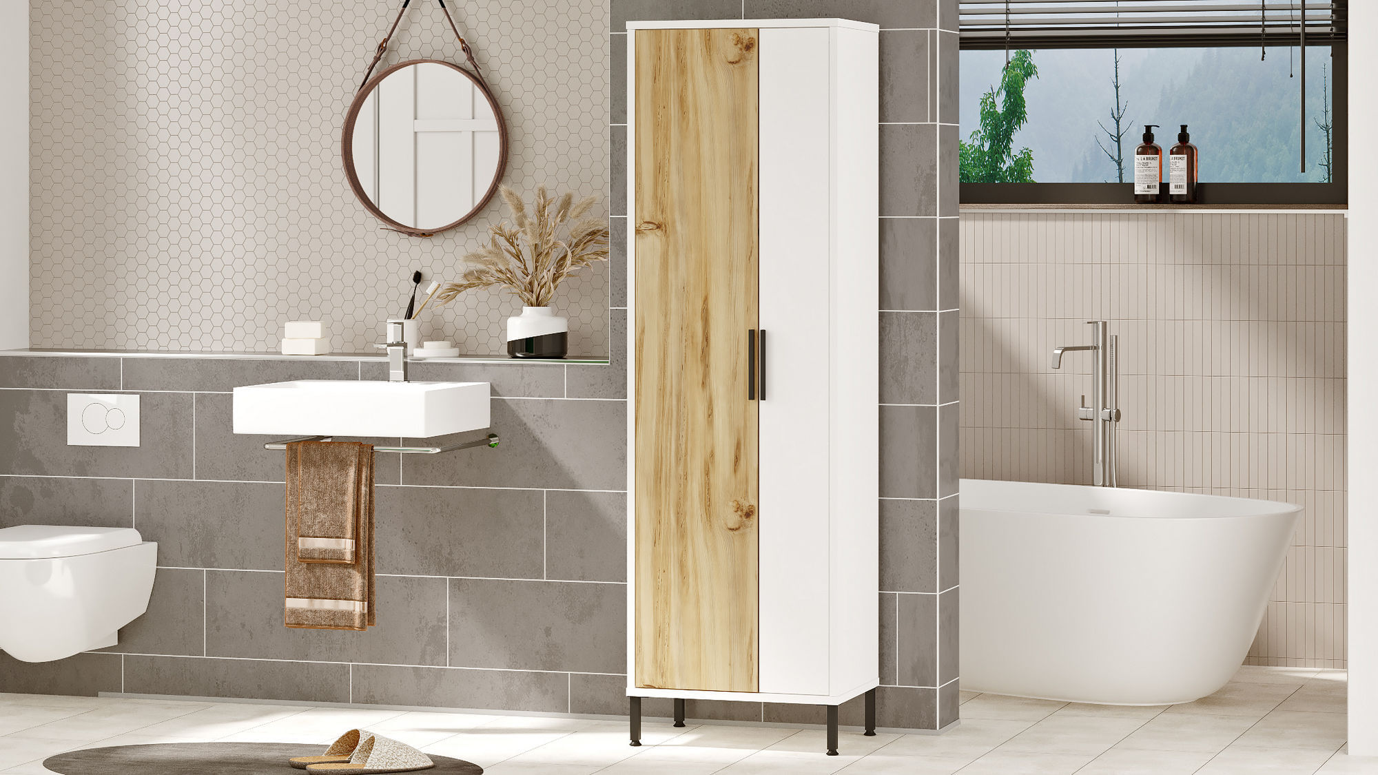 Dulap multifunctional, Hanah Home, panou aglomerat melaminat, nuc si alb, 50.4x35.7x165 cm — imaginea 4