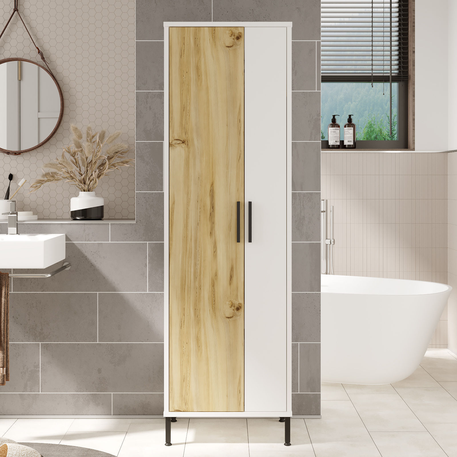 Dulap multifunctional, Hanah Home, panou aglomerat melaminat, nuc si alb, 50.4x35.7x165 cm — imaginea 5