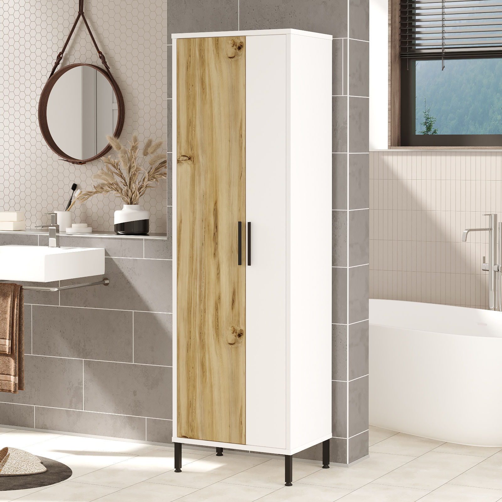 Dulap multifunctional, Hanah Home, panou aglomerat melaminat, nuc si alb, 50.4x35.7x165 cm — imaginea 6