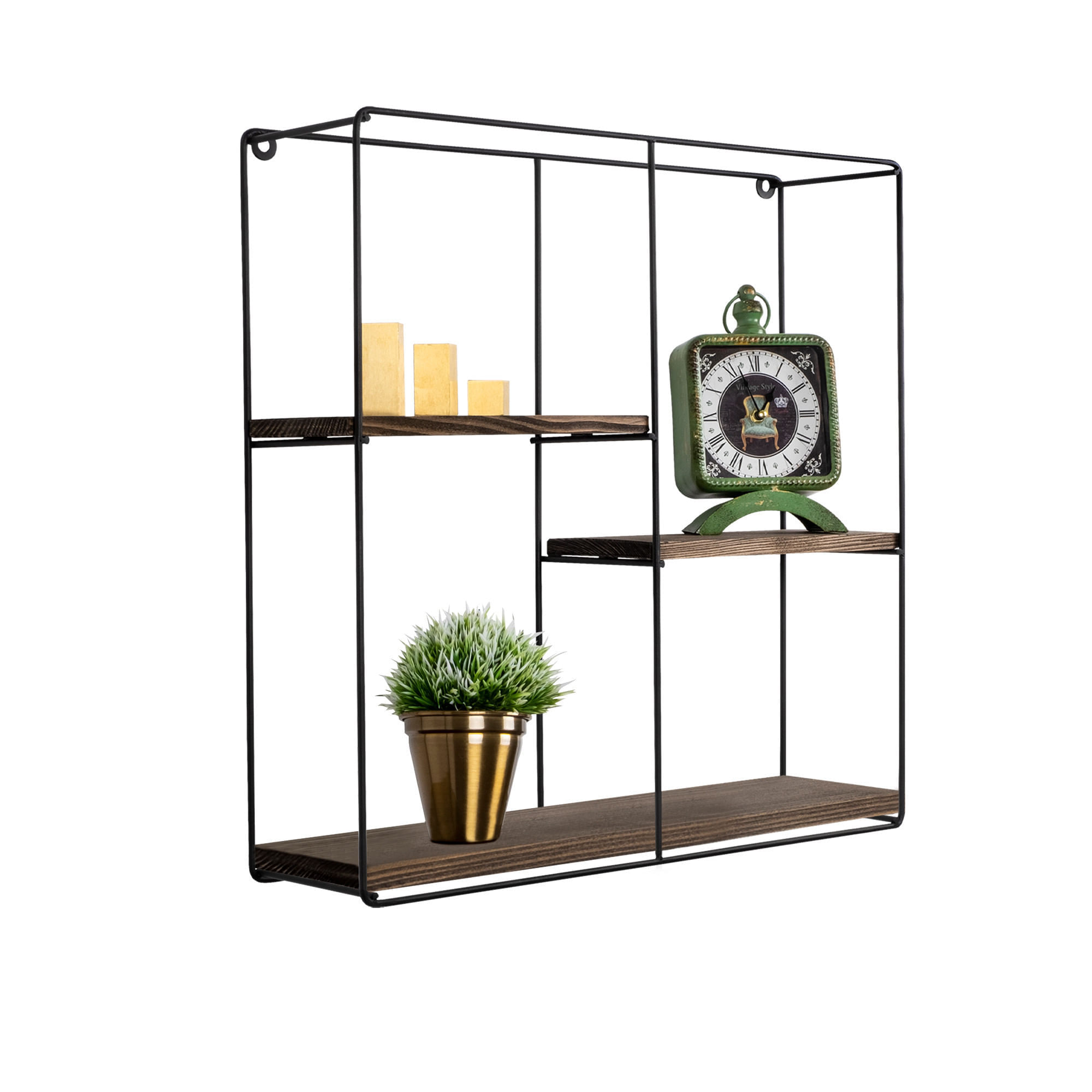 Raft de perete, Hanah Home, lemn molid, metal, negru nuc, 60x60x15 cm — imaginea 2