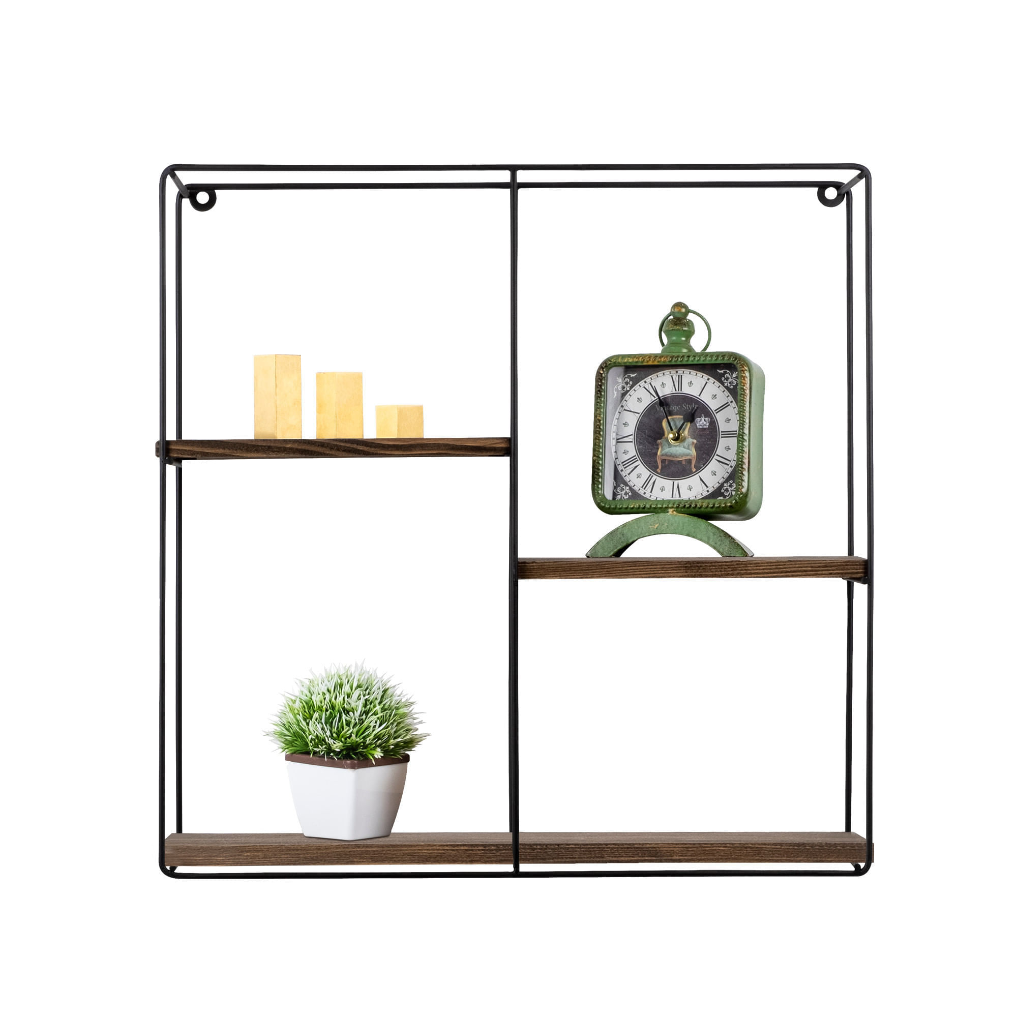 Raft de perete, Hanah Home, lemn molid, metal, negru nuc, 60x60x15 cm — imaginea 3