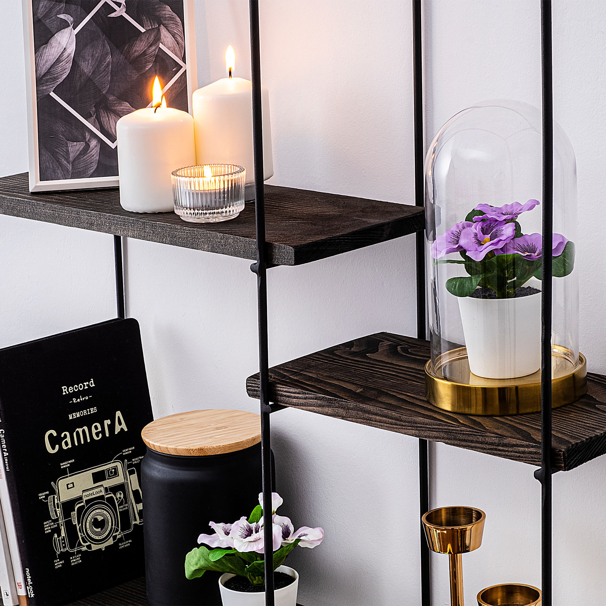 Raft de perete, Hanah Home, lemn molid, metal, negru nuc, 60x60x15 cm — imaginea 4