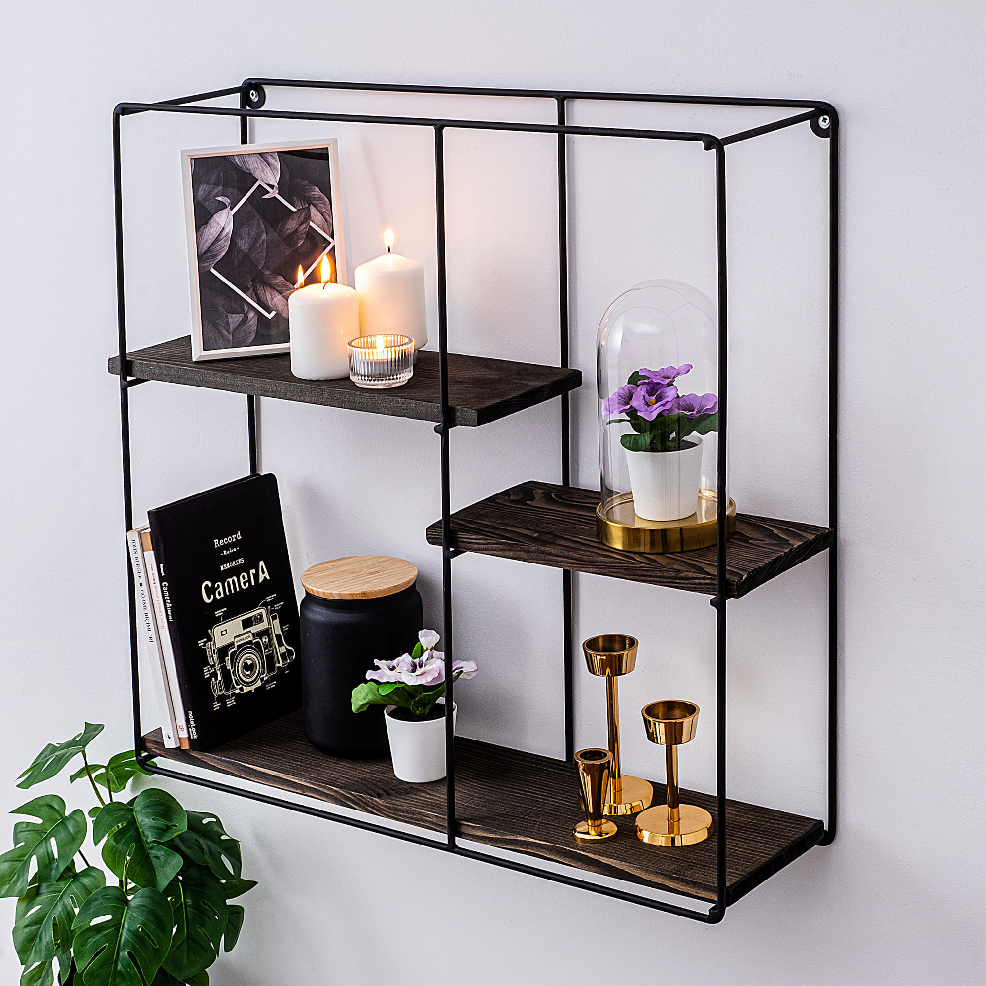 Raft de perete, Hanah Home, lemn molid, metal, negru nuc, 60x60x15 cm — imaginea 5