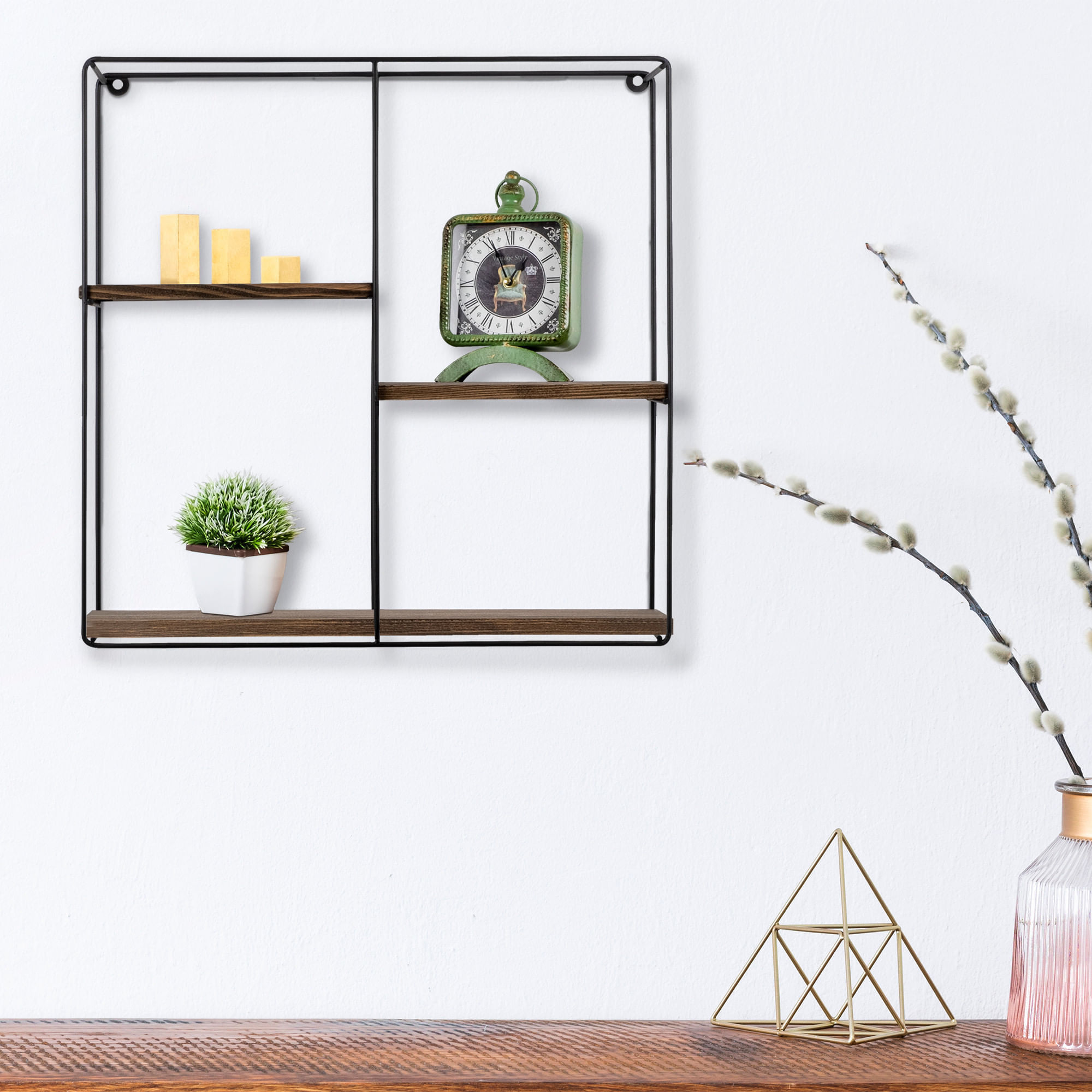 Raft de perete, Hanah Home, lemn molid, metal, negru nuc, 60x60x15 cm — imaginea 6