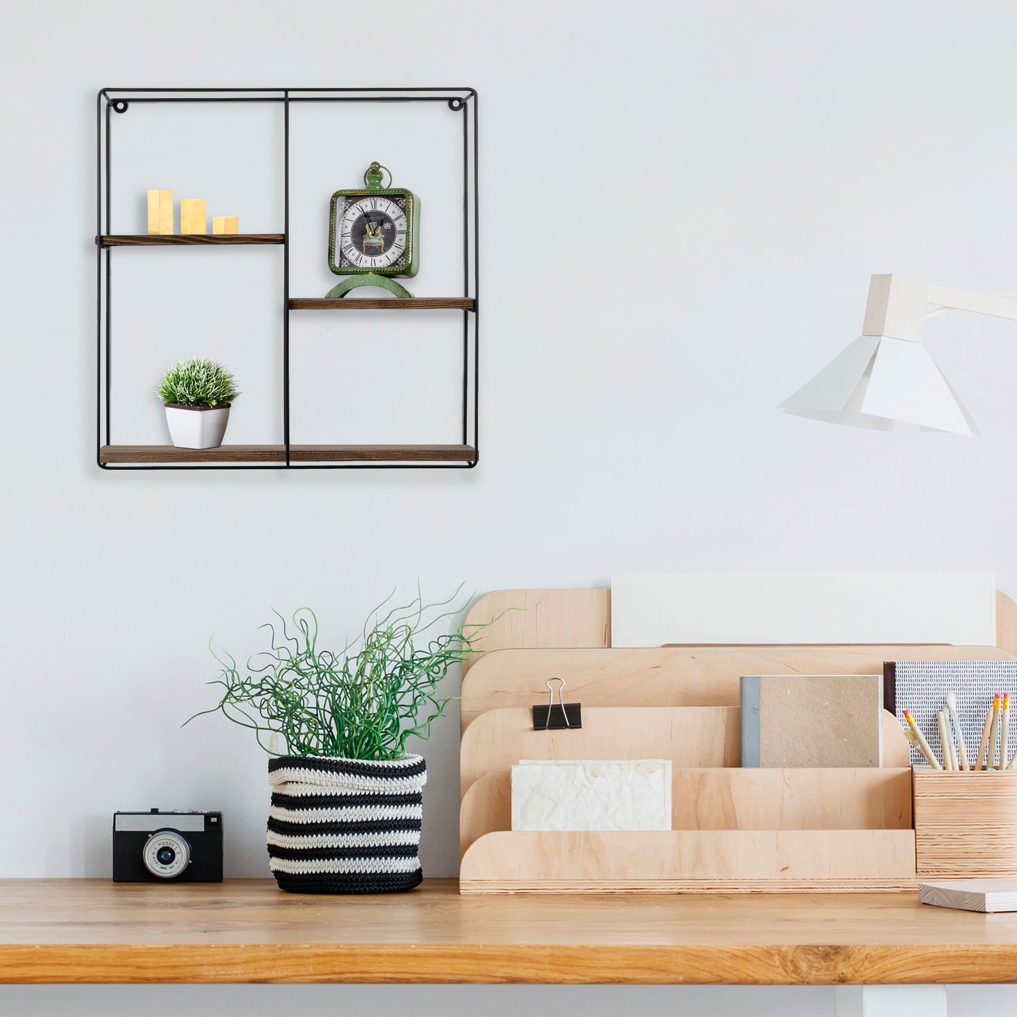 Raft de perete, Hanah Home, lemn molid, metal, negru nuc, 60x60x15 cm — imaginea 7