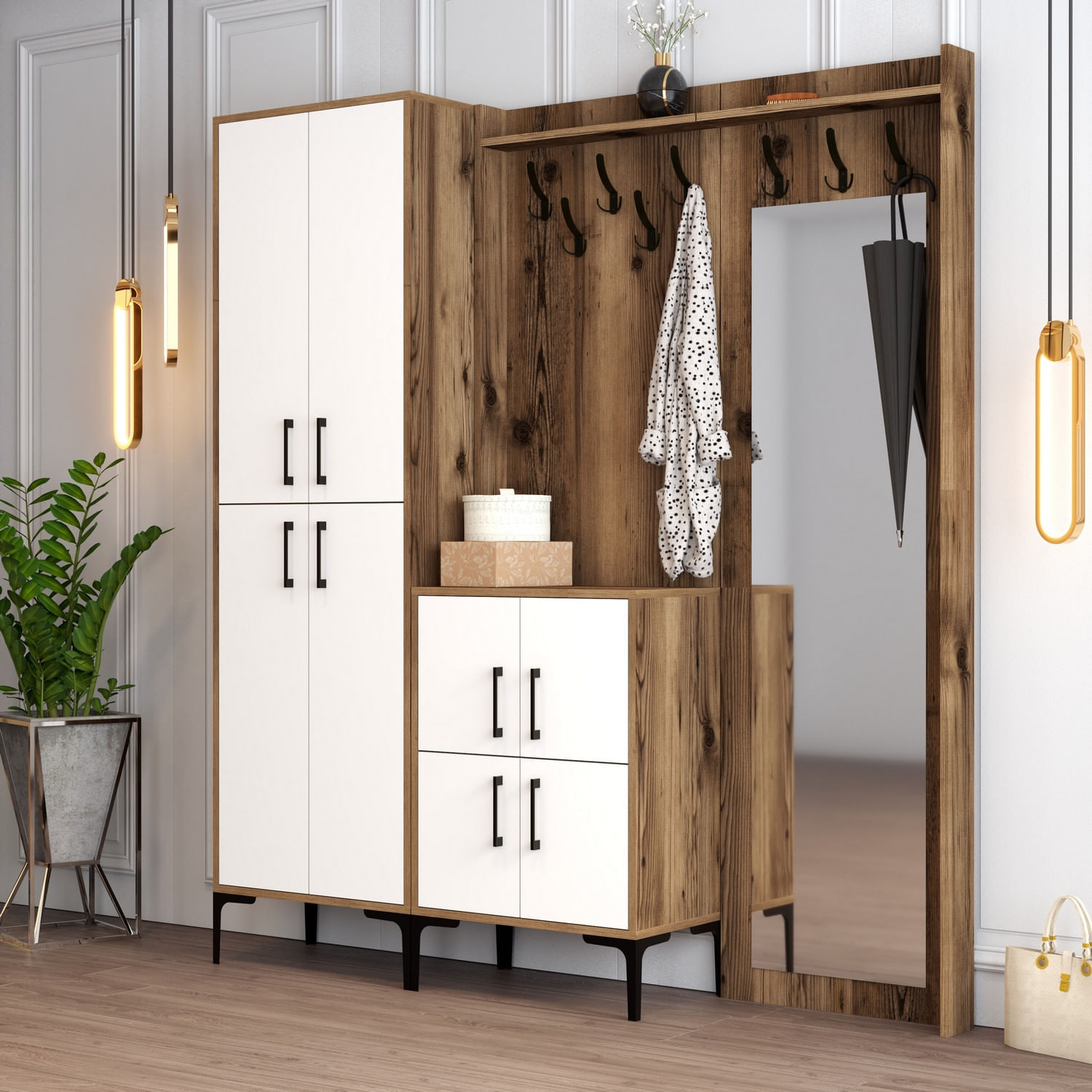 Cuier, Hanah Home, panou de particule melaminat, nuc si alb, 180x35x200 cm — imaginea 3