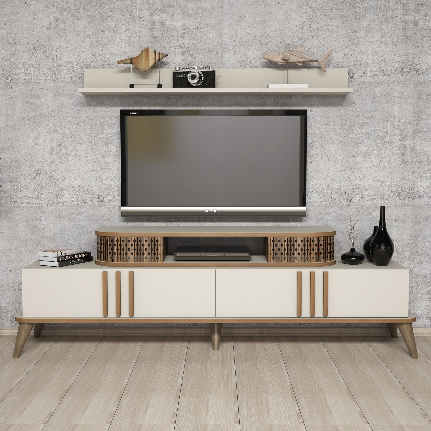 Comoda tv, Hanah Home, pal melaminat, crem, 168x51.6x39 cm