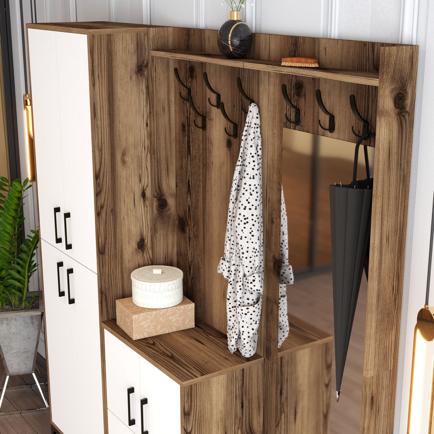 Cuier, Hanah Home, panou de particule melaminat, nuc si alb, 180x35x200 cm — imaginea 4