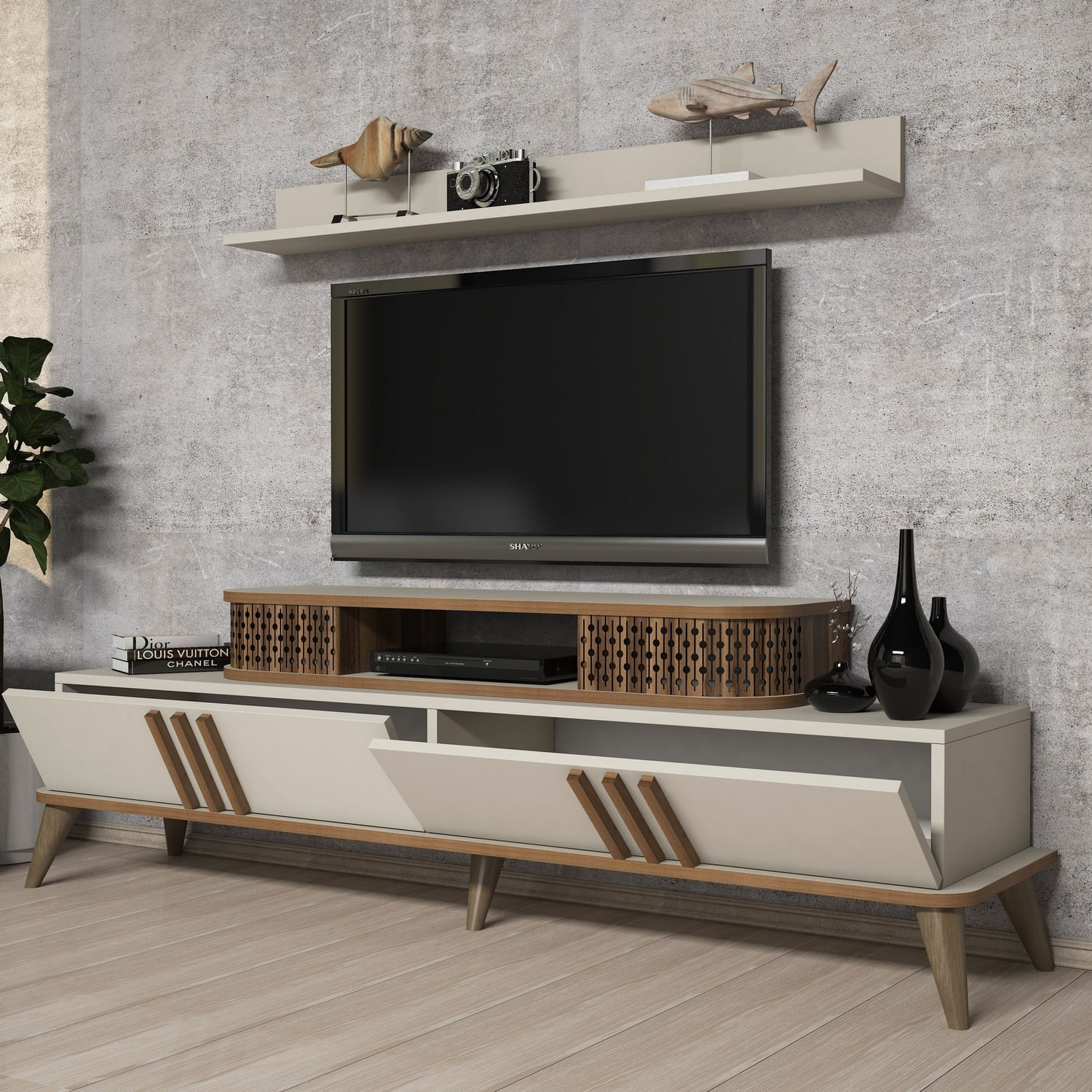 Comoda tv, Hanah Home, pal melaminat, crem, 168x51.6x39 cm — imaginea 2