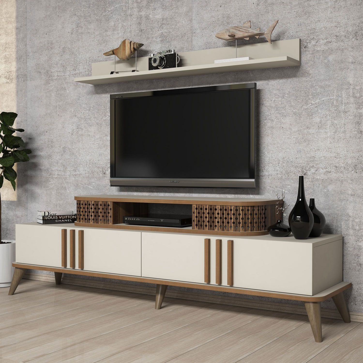 Comoda tv, Hanah Home, pal melaminat, crem, 168x51.6x39 cm — imaginea 3