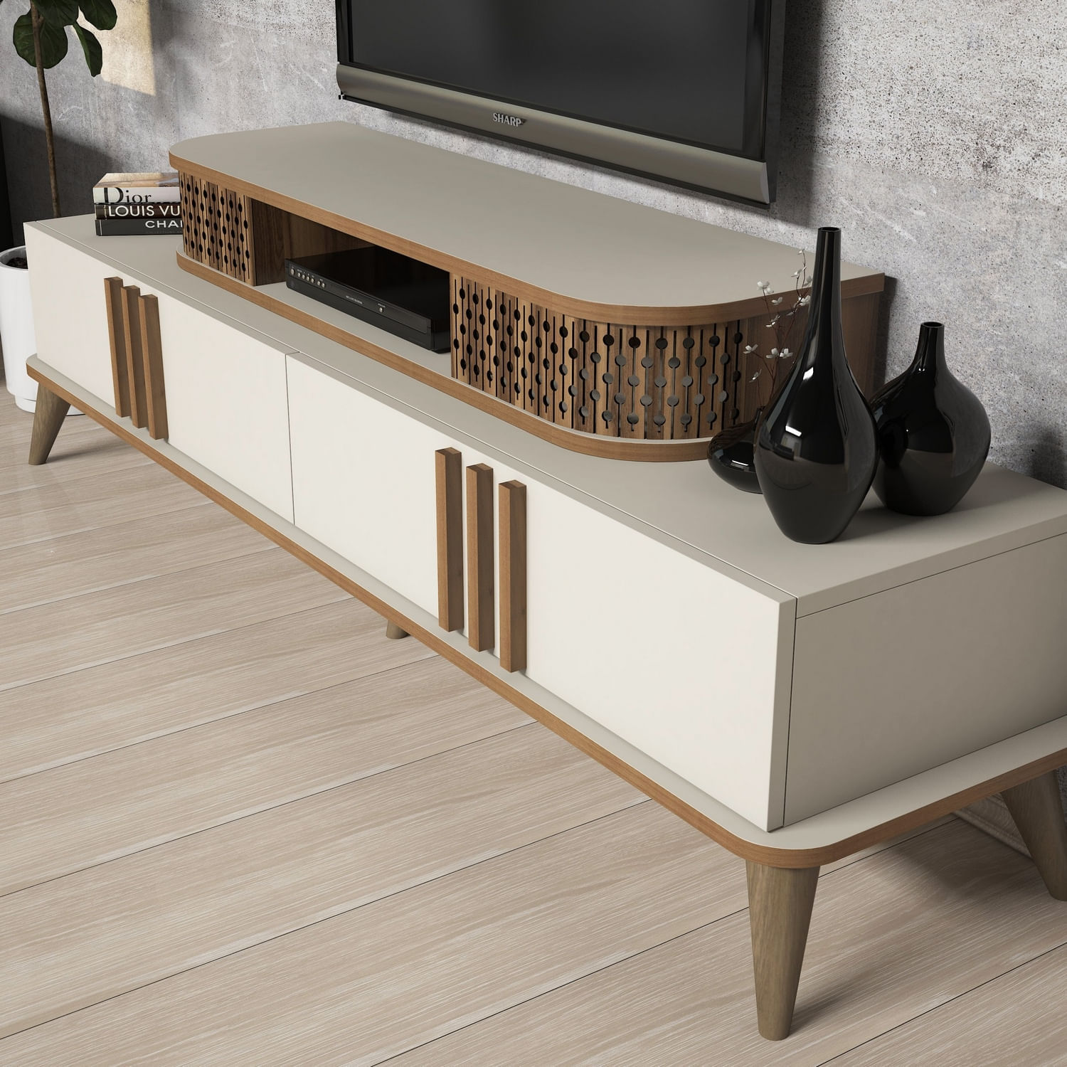 Comoda tv, Hanah Home, pal melaminat, crem, 168x51.6x39 cm — imaginea 4