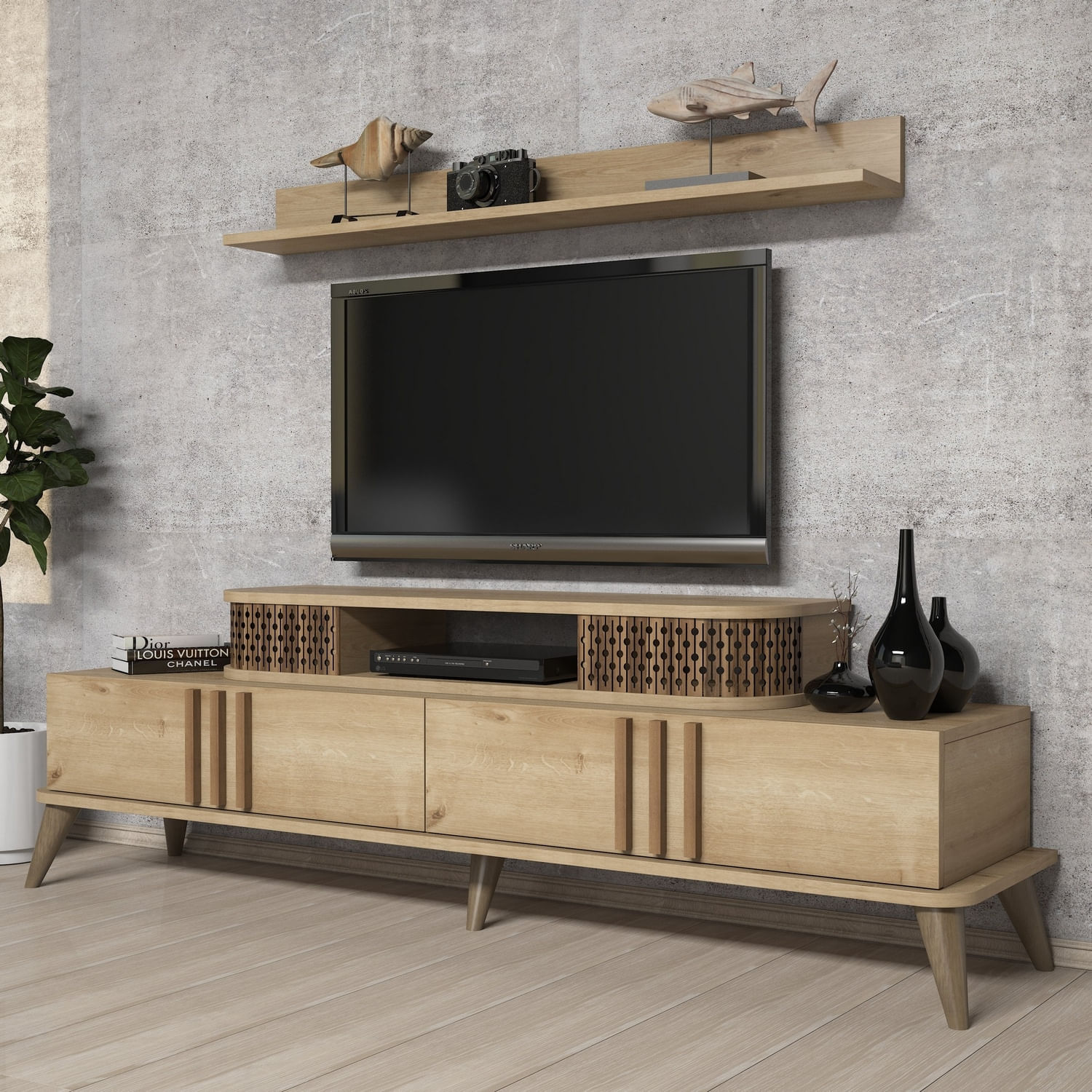Comoda tv, Hanah Home, pal melaminat, stejar, 168x51.6x39 cm — imaginea 3