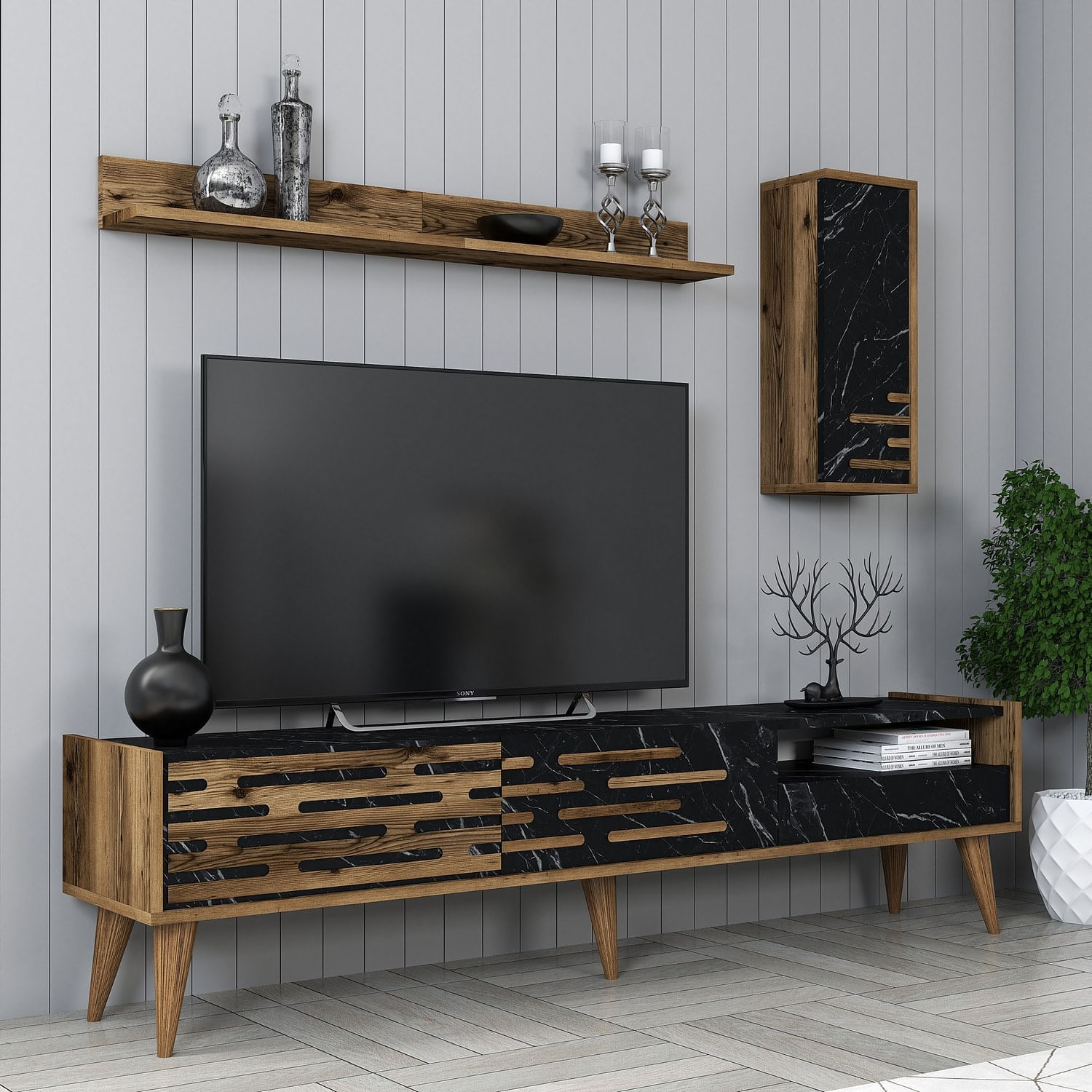 Comoda tv, Hanah Home, pal melaminat, nuc, negru, marmura, 180x35x45 cm — imaginea 3