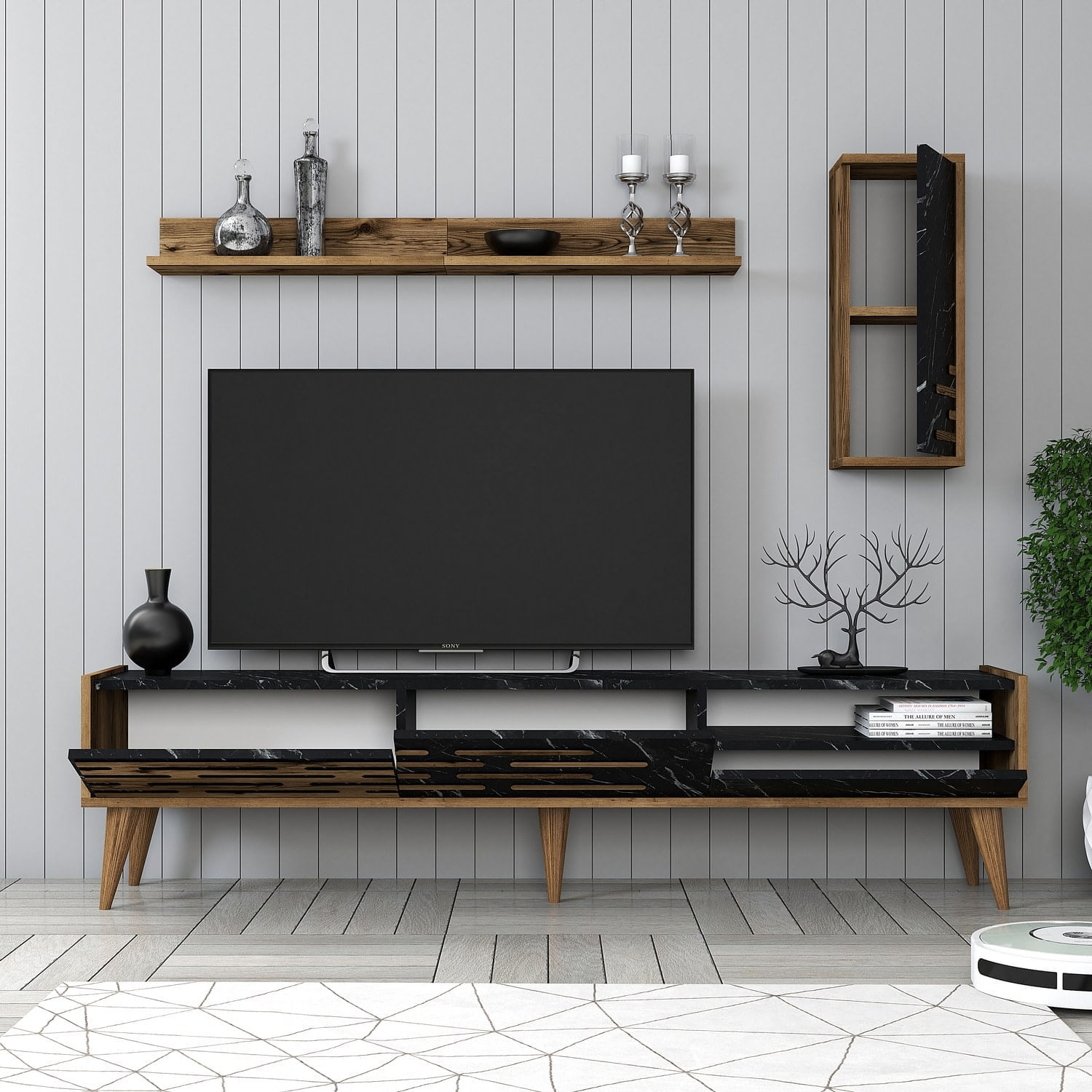 Comoda tv, Hanah Home, pal melaminat, nuc, negru, marmura, 180x35x45 cm — imaginea 4