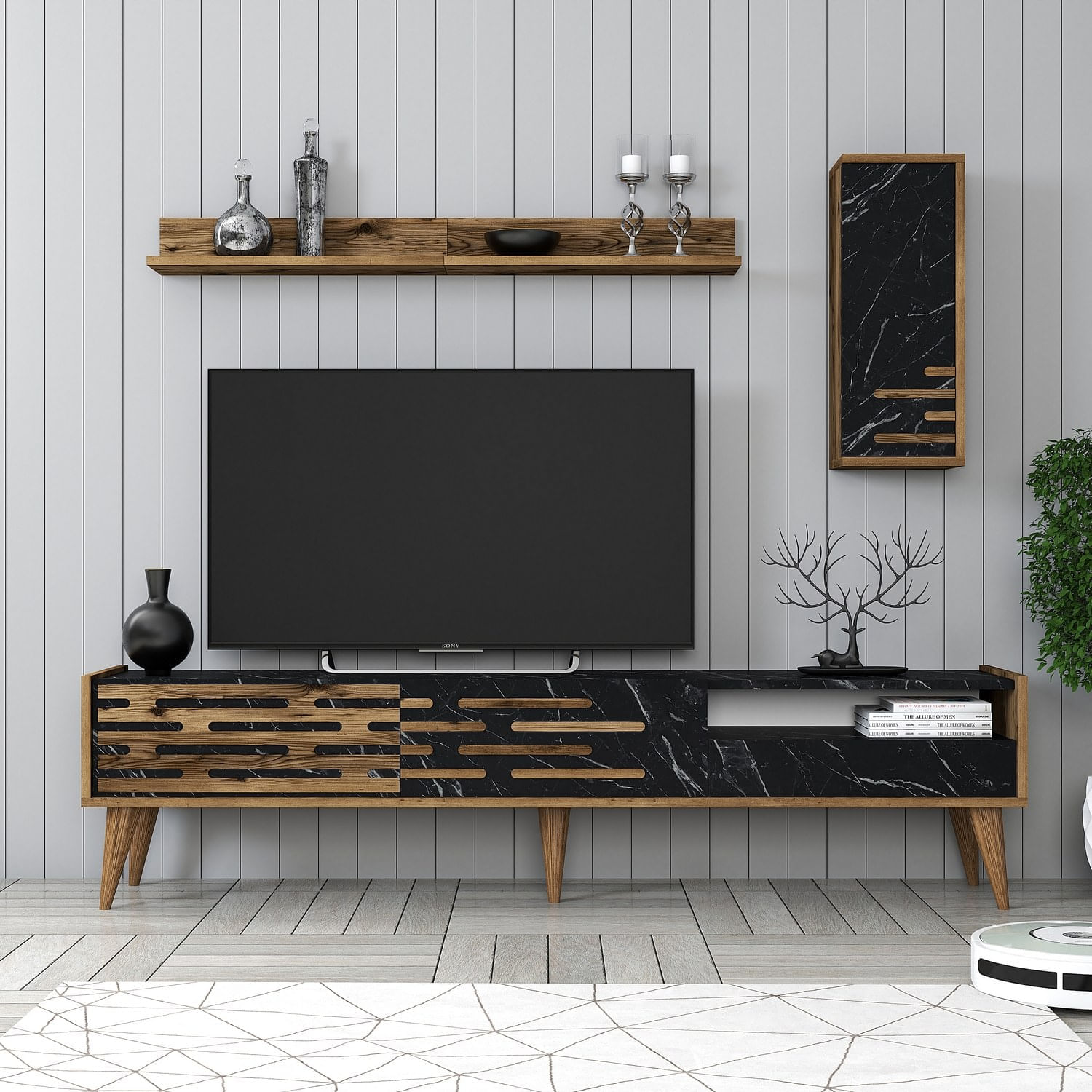 Comoda tv, Hanah Home, pal melaminat, nuc, negru, marmura, 180x35x45 cm — imaginea 5