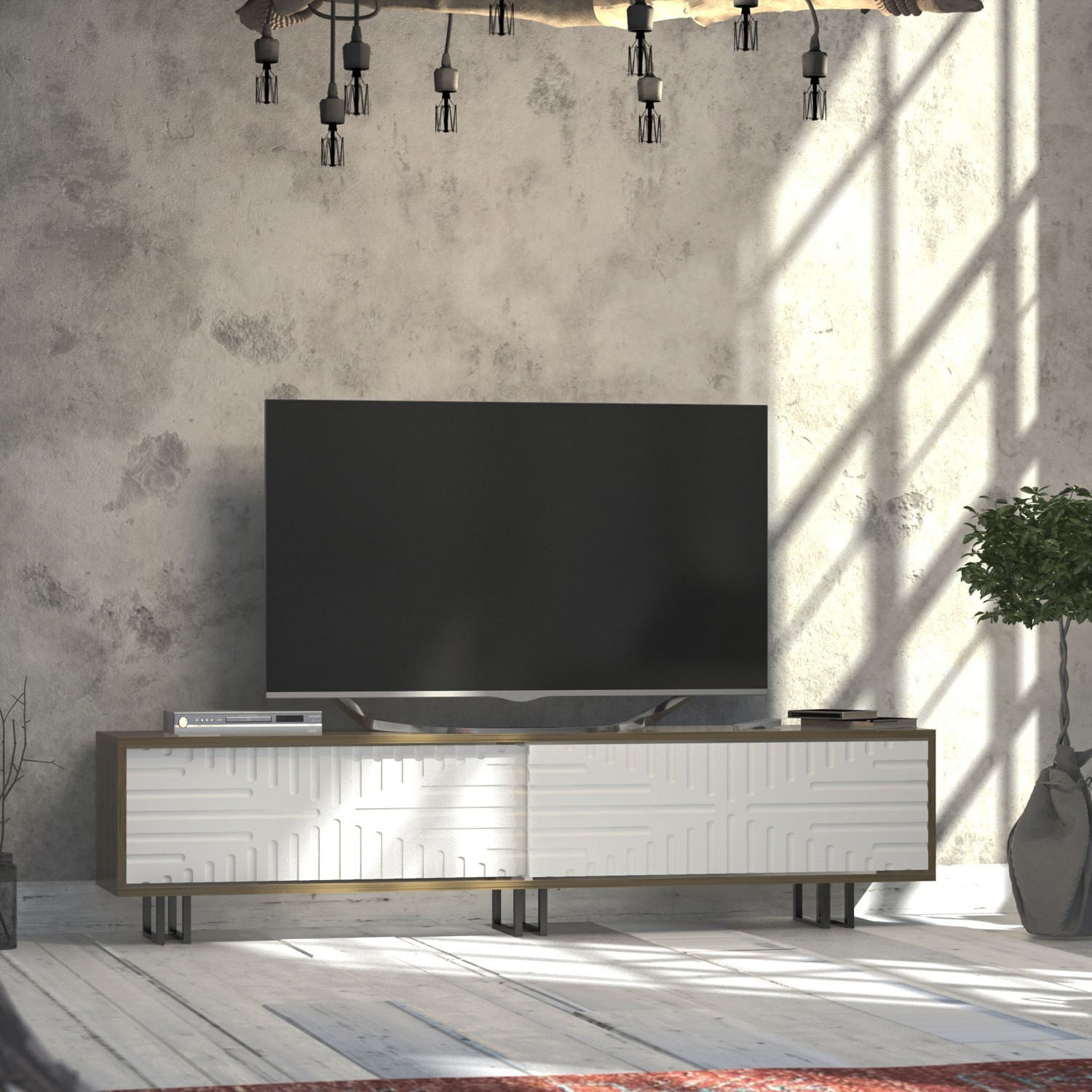 Comoda tv, Hanah Home, pal melaminat, stejar alb, 180x35x47.4 cm — imaginea 3