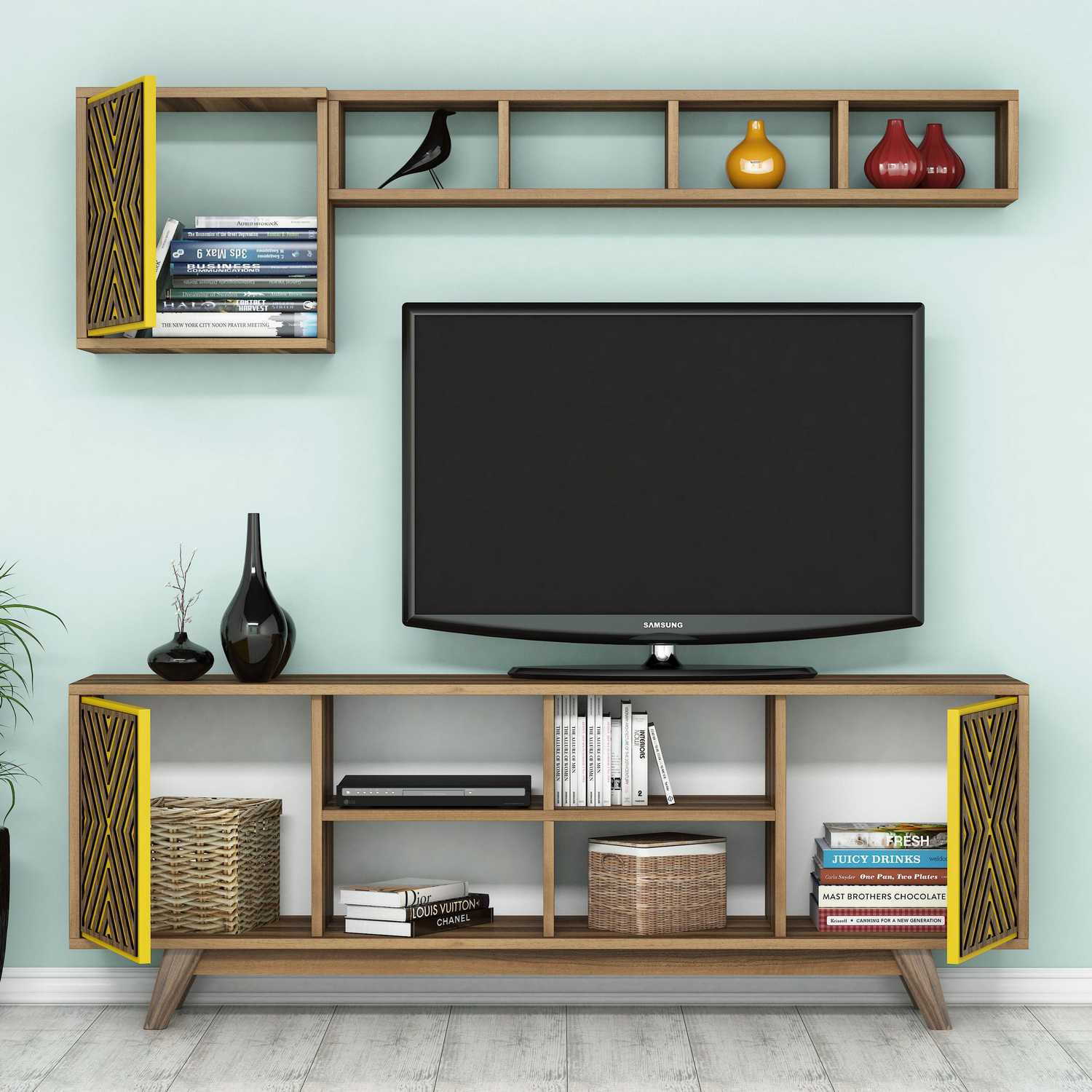 Comoda tv, Hanah Home, pal melaminat, nuc si galben, 160x56.2x35 cm — imaginea 2