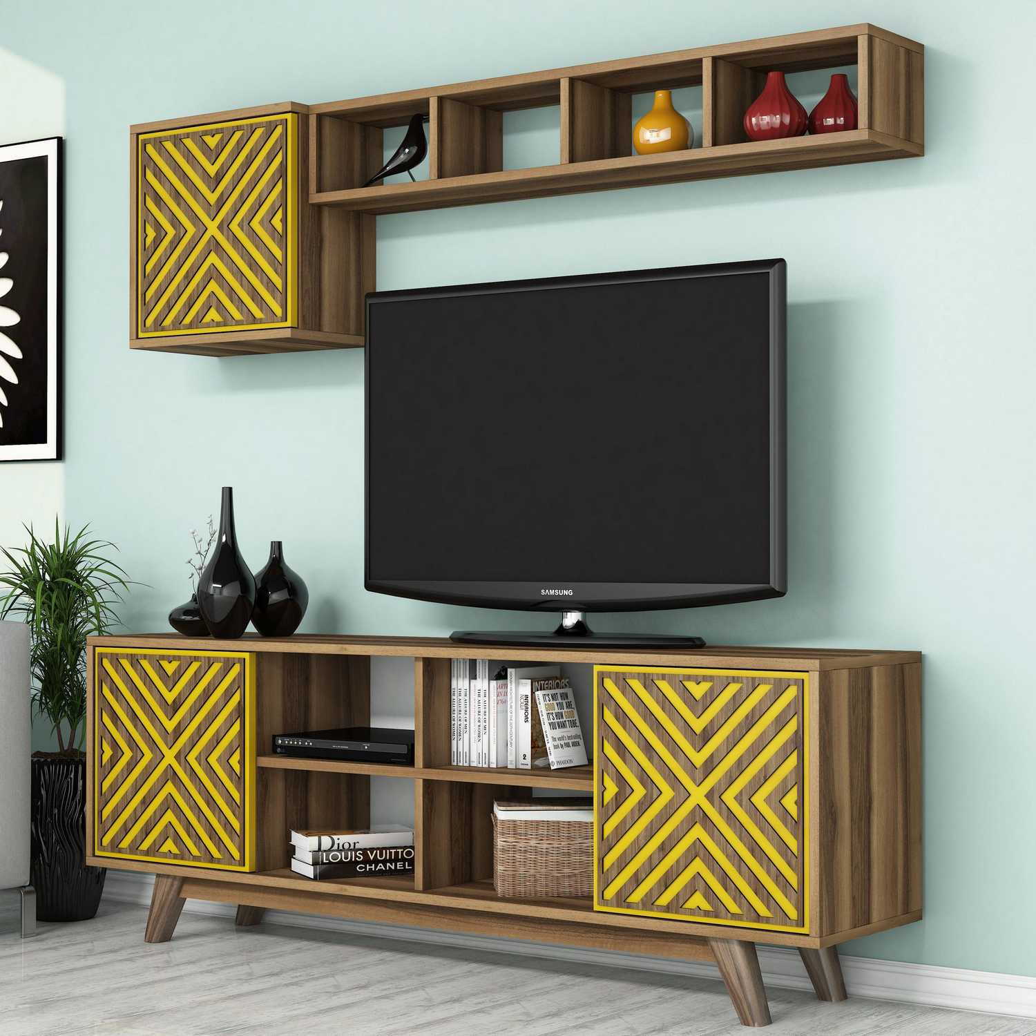 Comoda tv, Hanah Home, pal melaminat, nuc si galben, 160x56.2x35 cm — imaginea 3