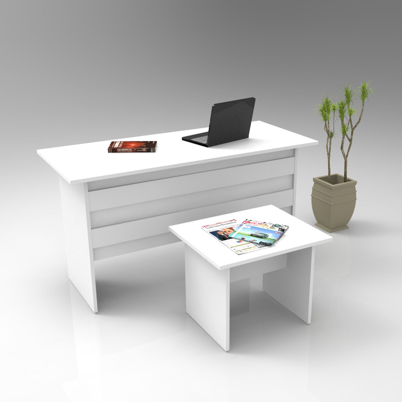 Set mobilier birou, Hanah Home, panou de particule cu melamina, alb, birou 140x60x73.8 cm, masuta 60x50x46.3 cm