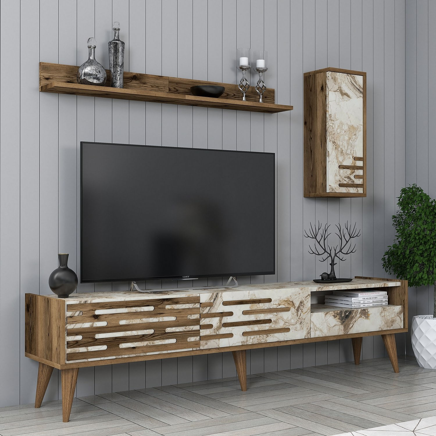 Comoda tv, Hanah Home, pal melaminat, nuc, alb, marmura, 180x35x45 cm — imaginea 3