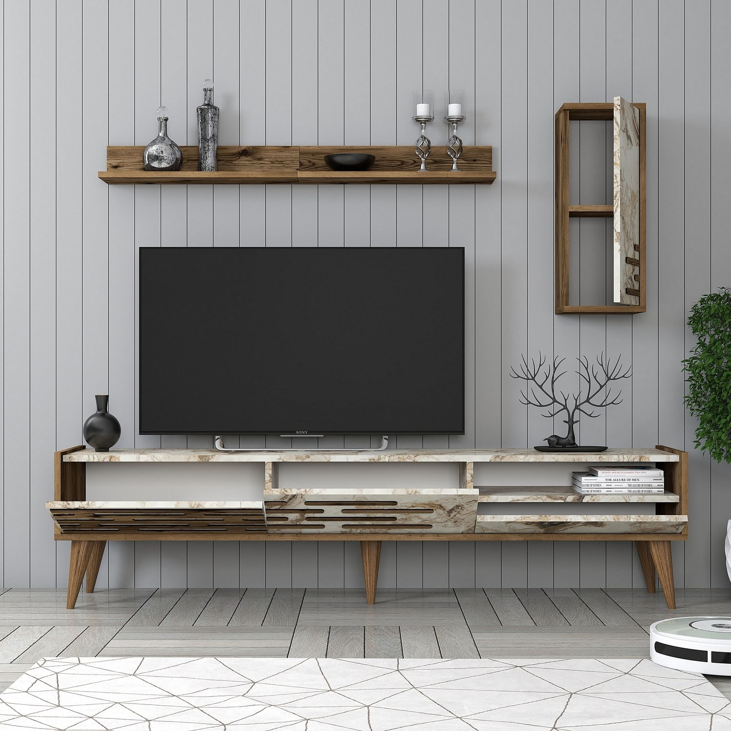 Comoda tv, Hanah Home, pal melaminat, nuc, alb, marmura, 180x35x45 cm — imaginea 4