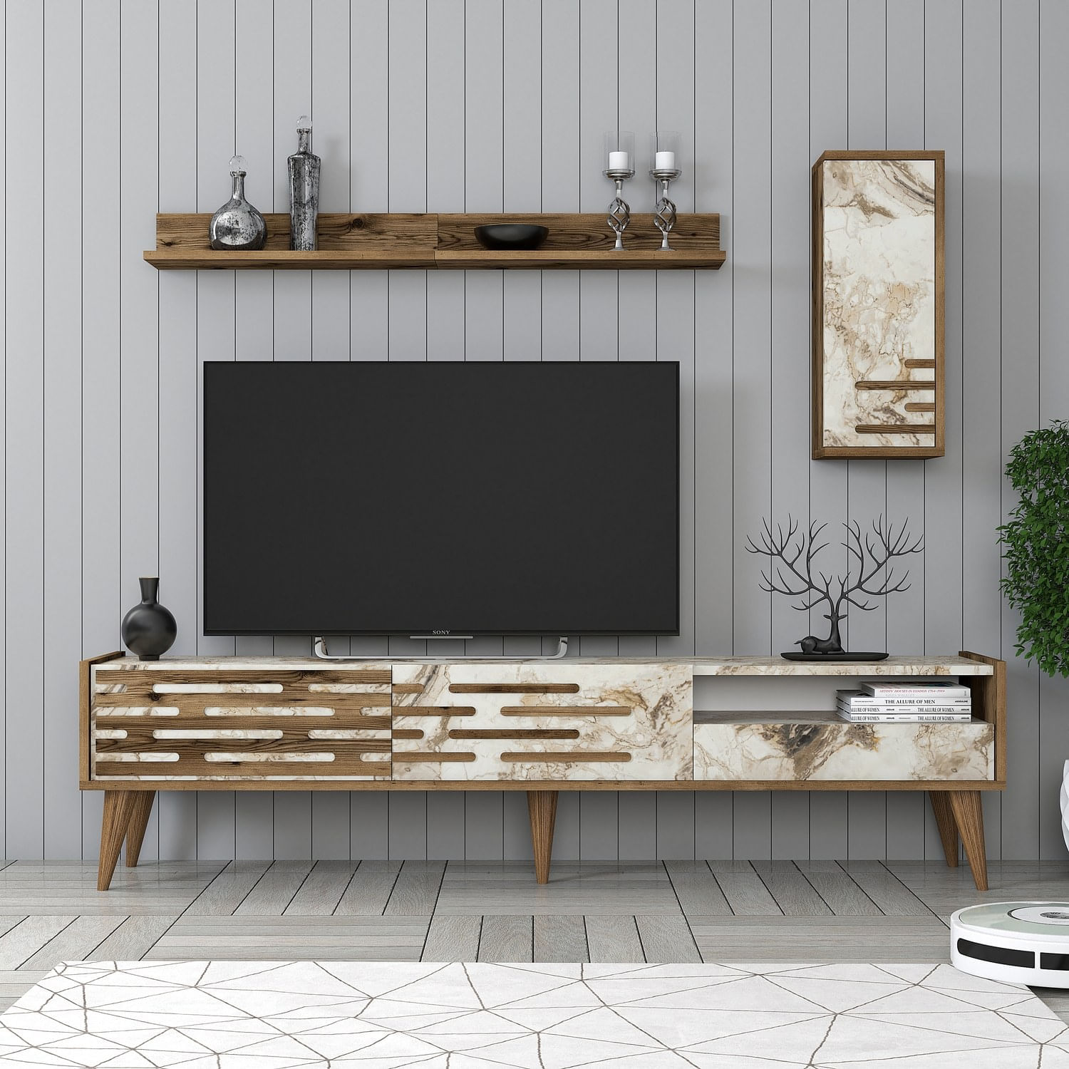Comoda tv, Hanah Home, pal melaminat, nuc, alb, marmura, 180x35x45 cm — imaginea 5