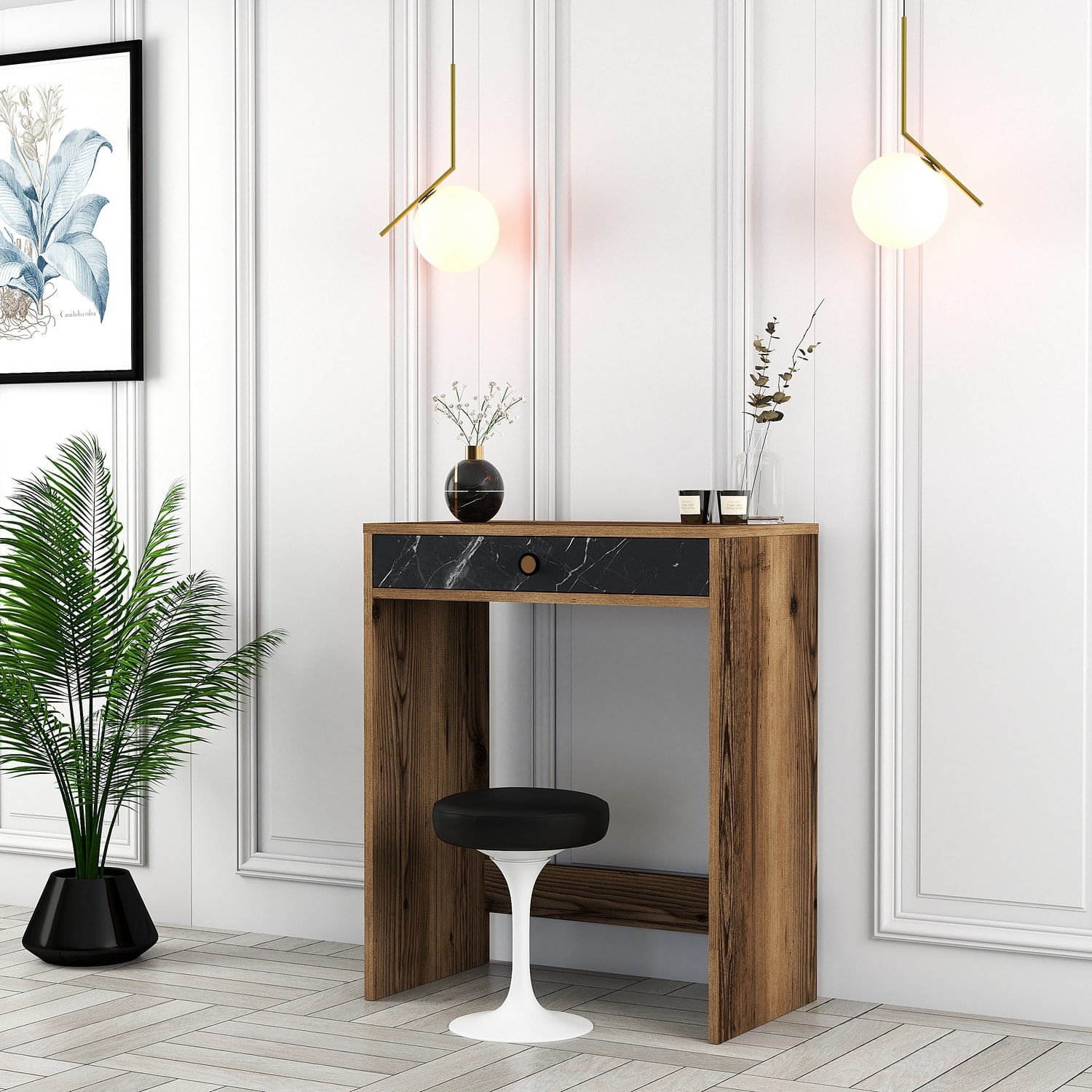 Masa de machiaj, Hanah Home, panou aglomerat cu melamina, nuc, negru, marmura, 70x84,7x40 cm — imaginea 4