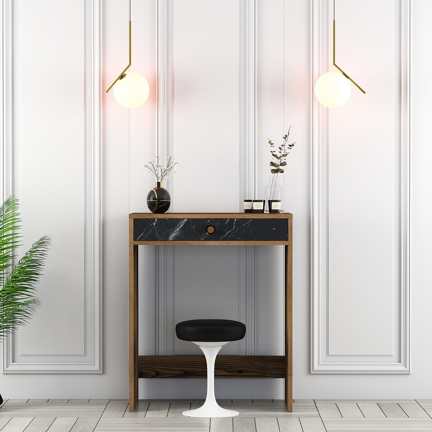Masa de machiaj, Hanah Home, panou aglomerat cu melamina, nuc, negru, marmura, 70x84,7x40 cm — imaginea 5