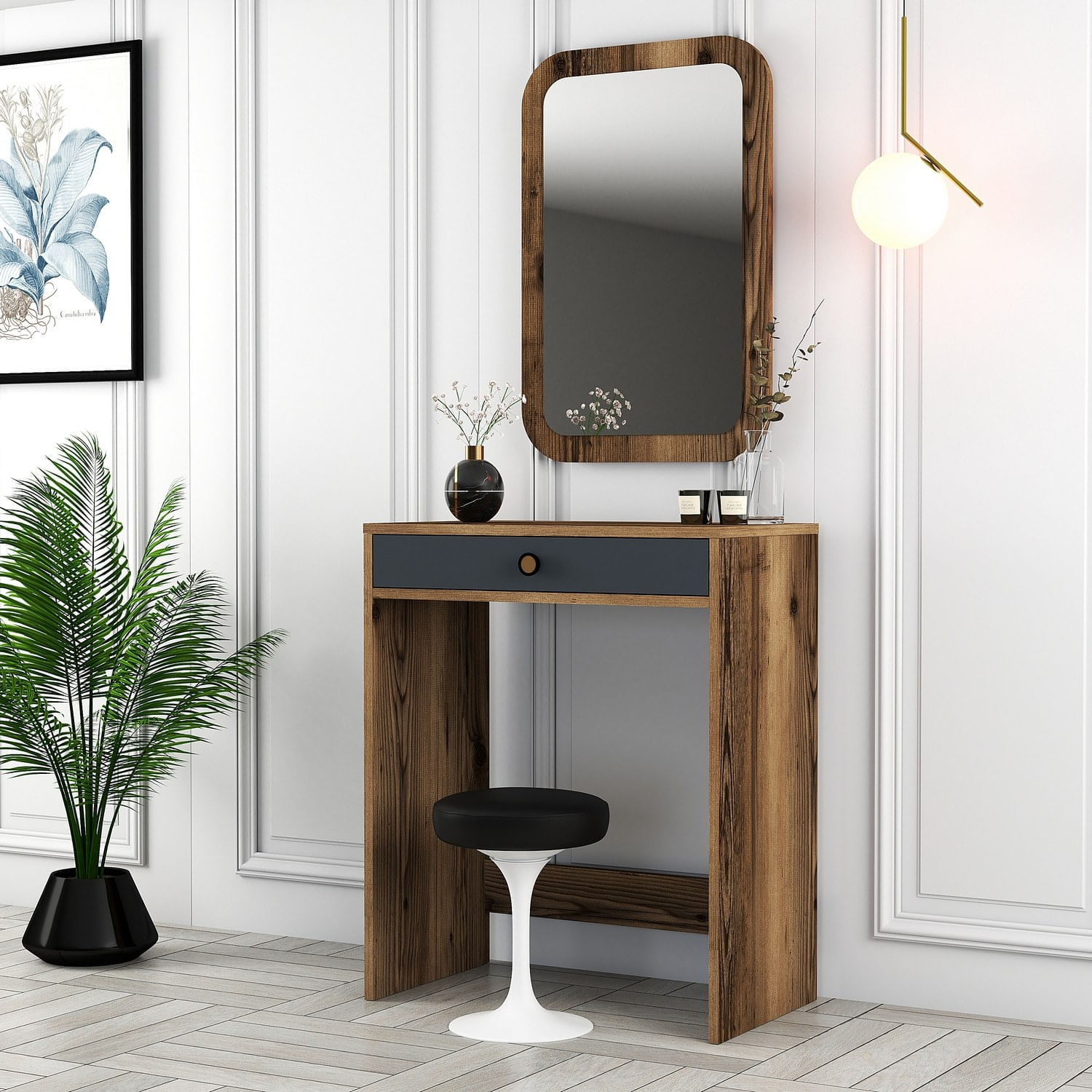 Masa de machiaj, Hanah Home, pal melaminat, nuc si antracit, 70x40x84.7 cm — imaginea 4