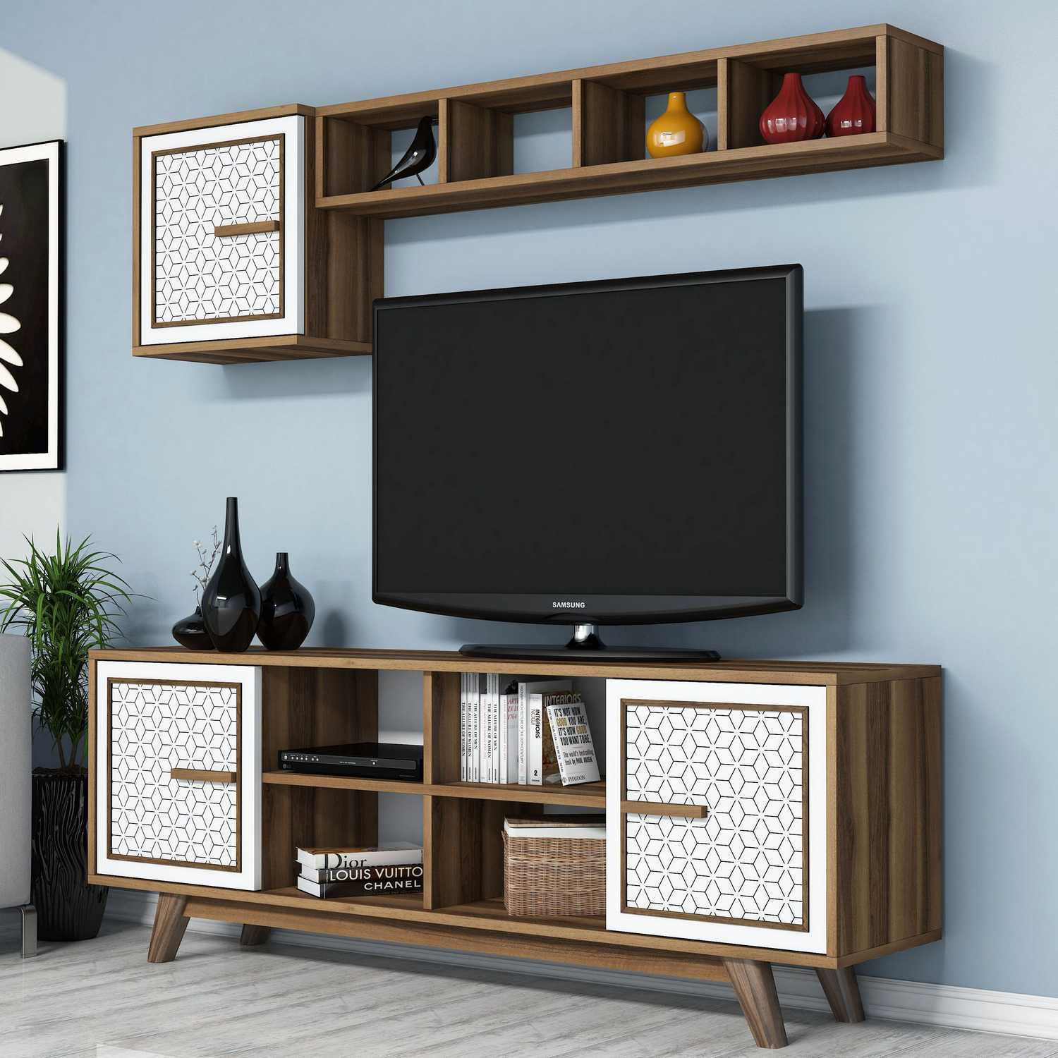Comoda tv, Hanah Home, pal melaminat, nuc si alb, 160x56.2x35 cm — imaginea 3