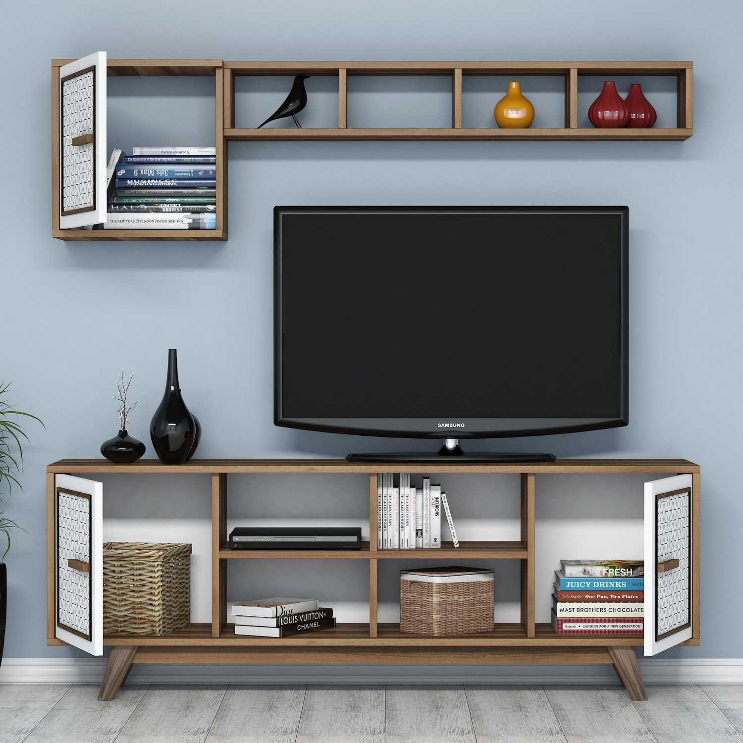 Comoda tv, Hanah Home, pal melaminat, nuc si alb, 160x56.2x35 cm — imaginea 4