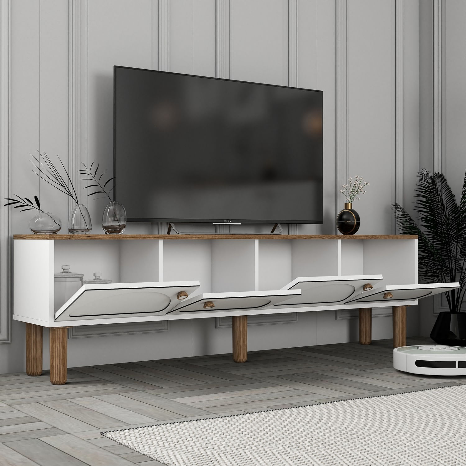 Comoda tv, Hanah Home, pal melaminat, alb, 180x35x53 cm — imaginea 4