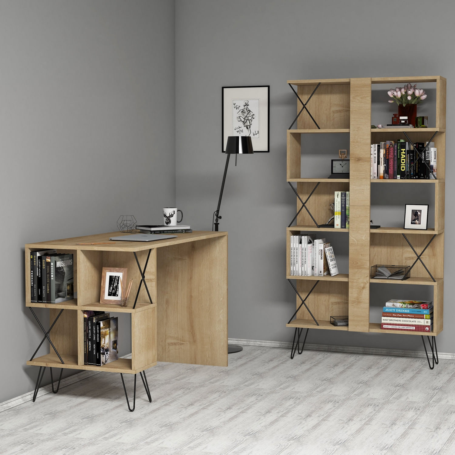 Birou cu rafturi, Hanah Home, pal melaminat, stejar si negru, 120x60x78.8 cm, 845HCT3829 — imaginea 3