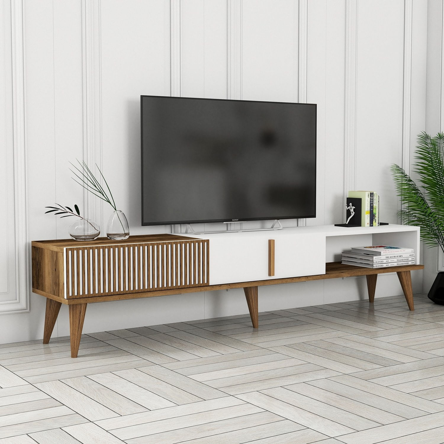 Comoda tv, Hanah Home, pal melaminat, nuc si alb, 180x40x35 cm, 845HCT3106 — imaginea 3
