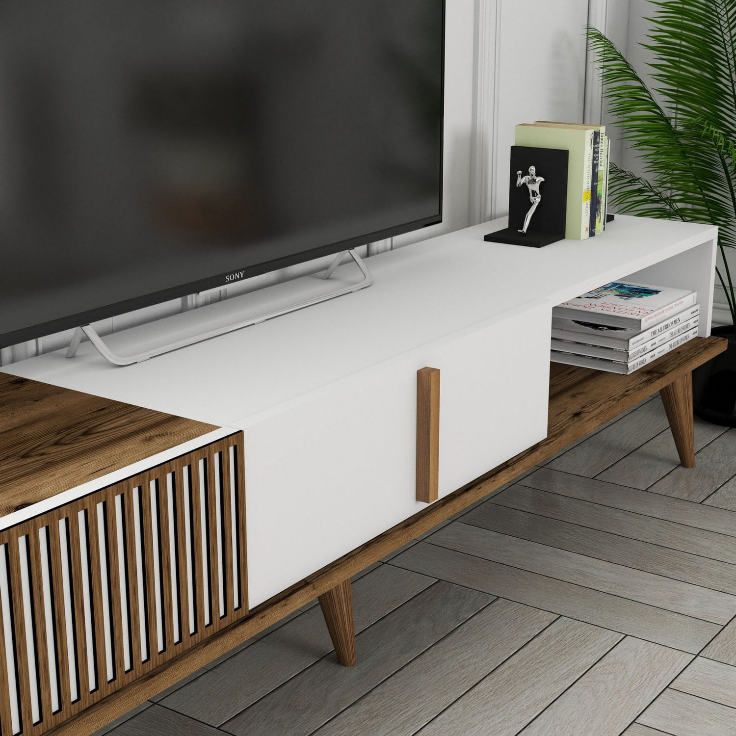 Comoda tv, Hanah Home, pal melaminat, nuc si alb, 180x40x35 cm, 845HCT3106 — imaginea 4