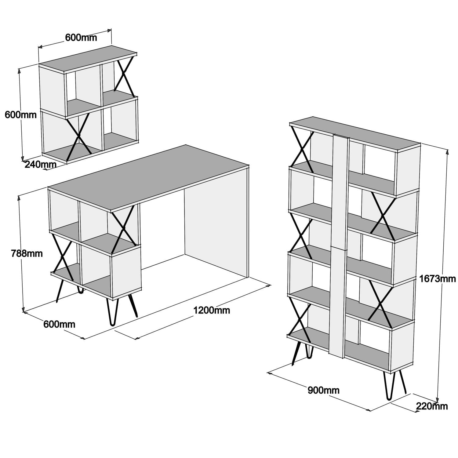 Birou cu rafturi, Hanah Home, pal melaminat, stejar si negru, 120x60x78.8 cm, 845HCT3833 — imaginea 5