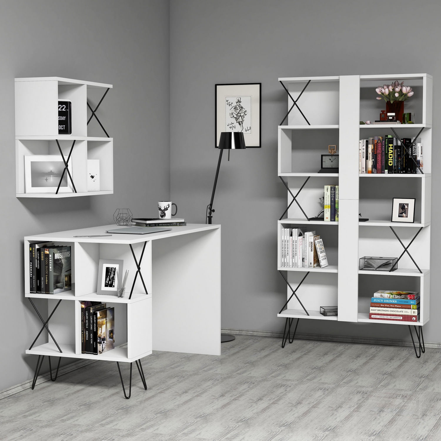 Birou cu rafturi, Hanah Home, pal melaminat, alb negru, 120x60x78.8 cm, 845HCT3831 — imaginea 3
