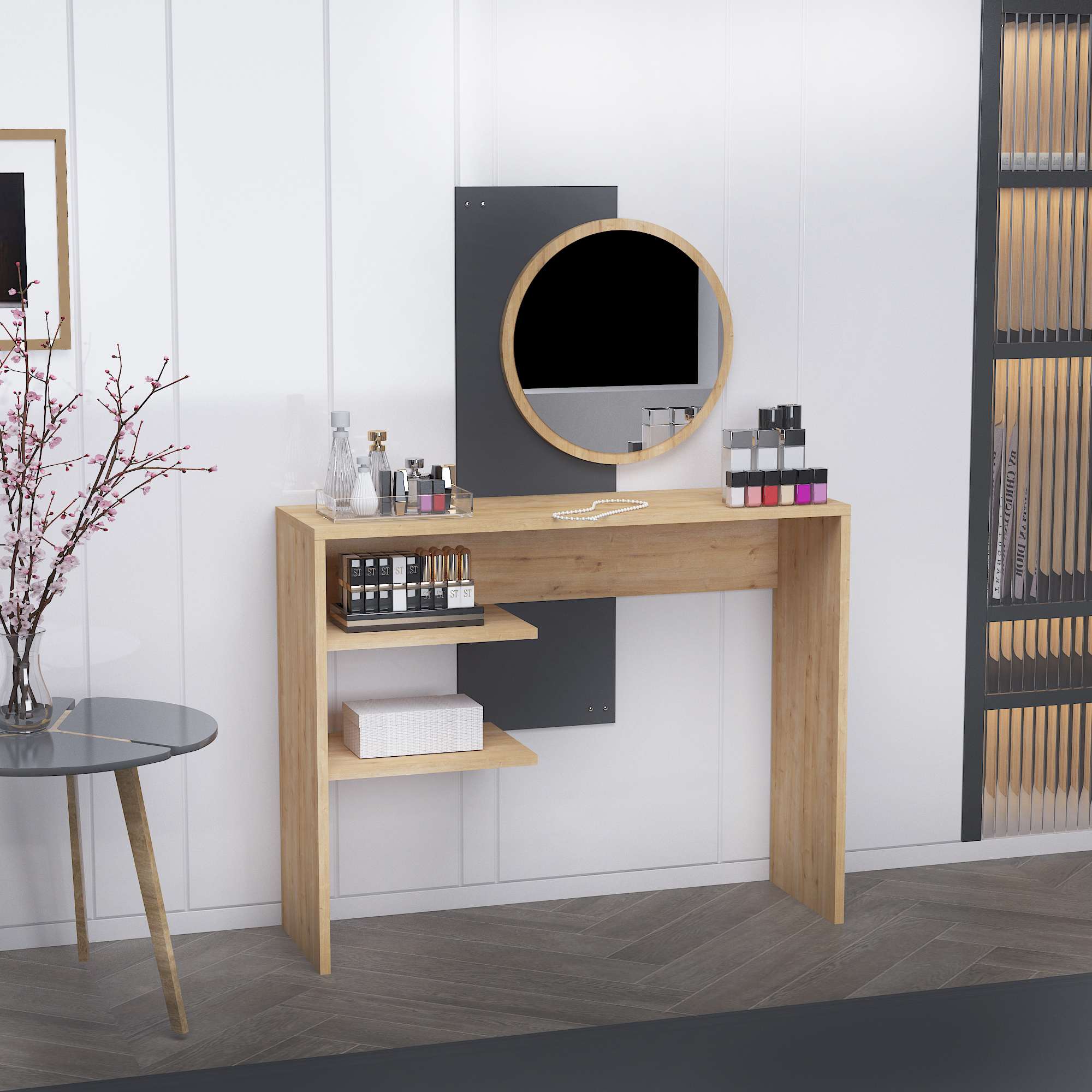 Masa de machiaj, Hanah Home, pal melaminat, safir antracit, 96x29.6x130 cm, oglinda inclusa — imaginea 3