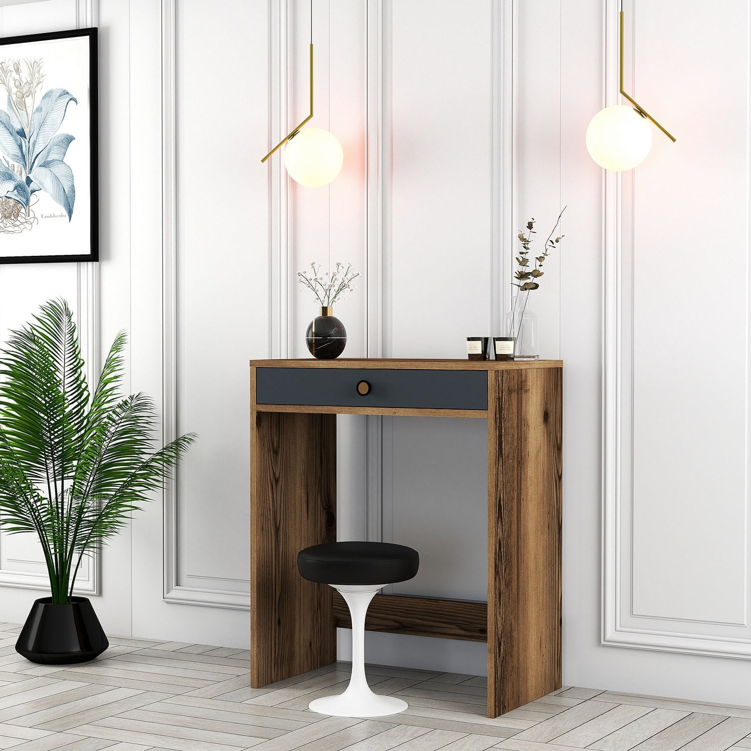 Masa de machiaj, Hanah Home, pal melaminat, nuc, antracit, 70x84,7x40 cm — imaginea 3
