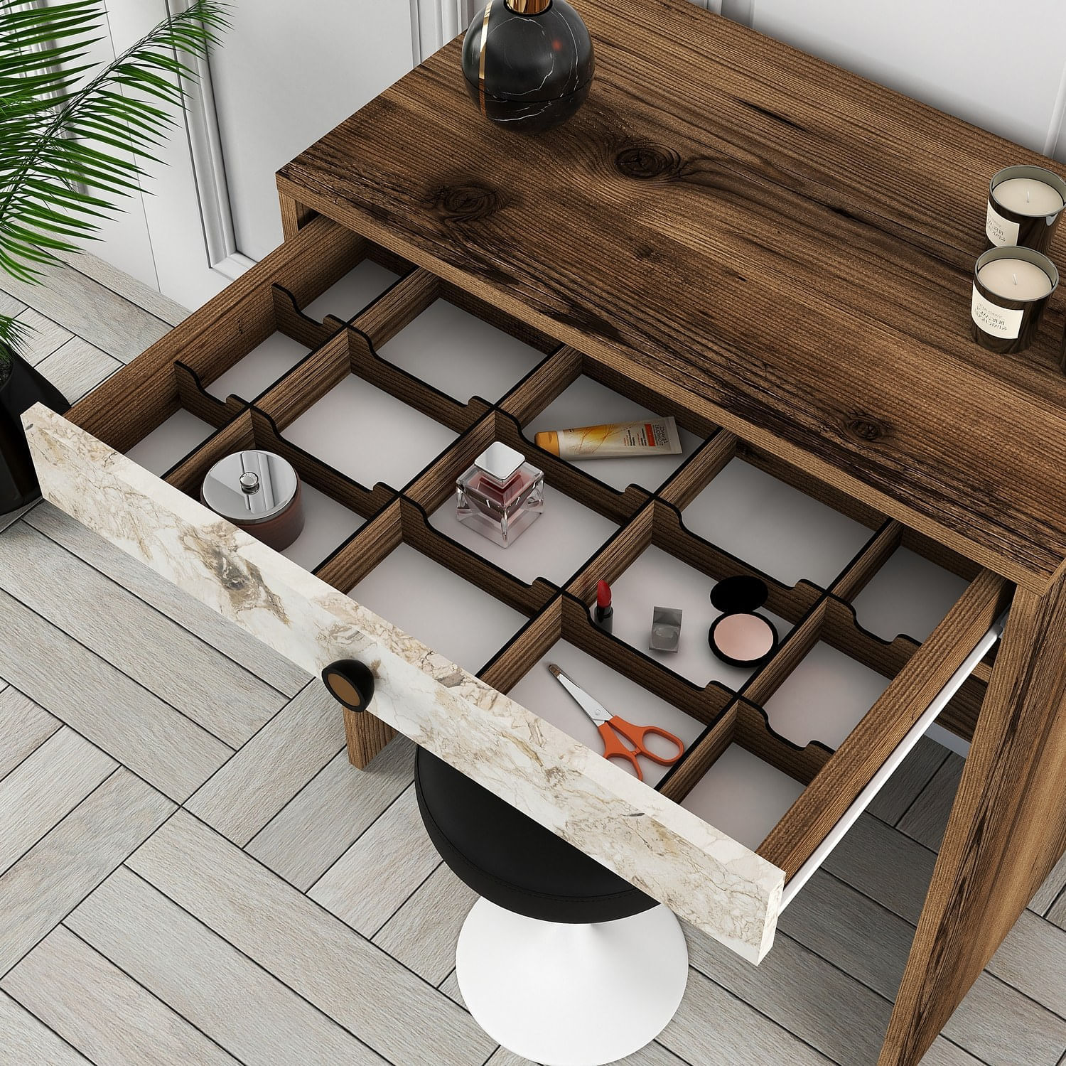 Masa de machiaj, Hanah Home, panou de particule melaminat, nuc, alb, marmura, 70x84.7x40 cm — imaginea 2