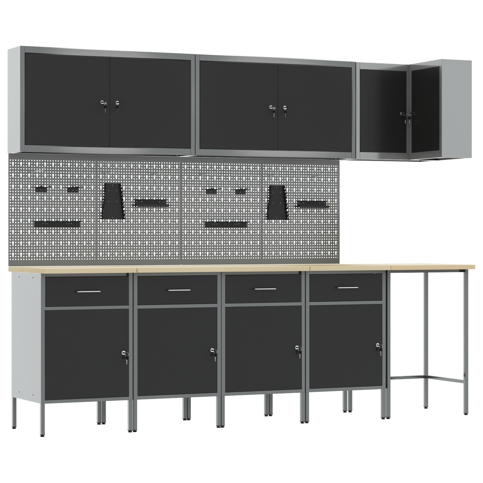 Set dulap lucru & panou carlige, 12 piese, negru, MDF & metal — imaginea 2