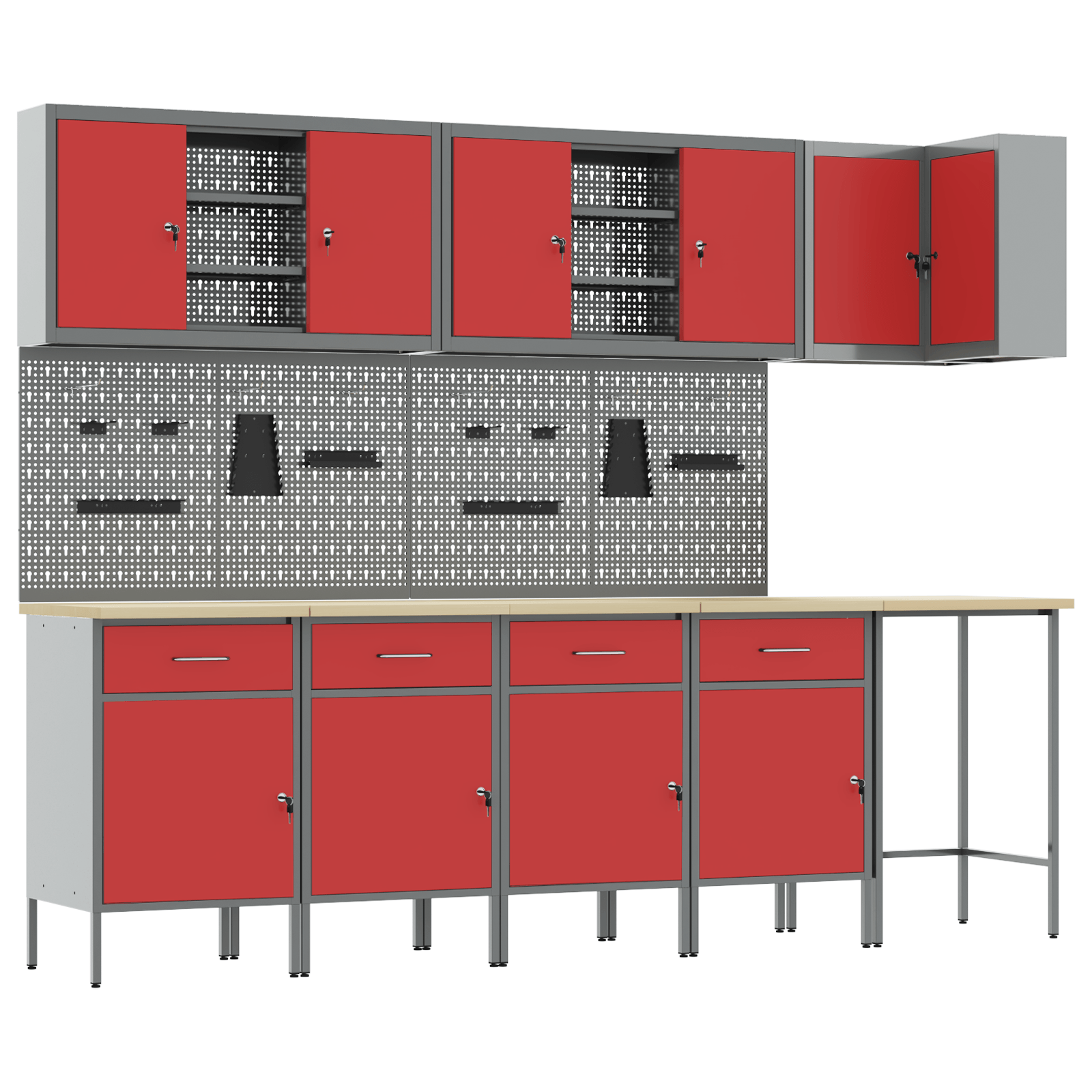 Set dulap lucru & panou carlige, 12 piese, rosu, MDF & metal — imaginea 2