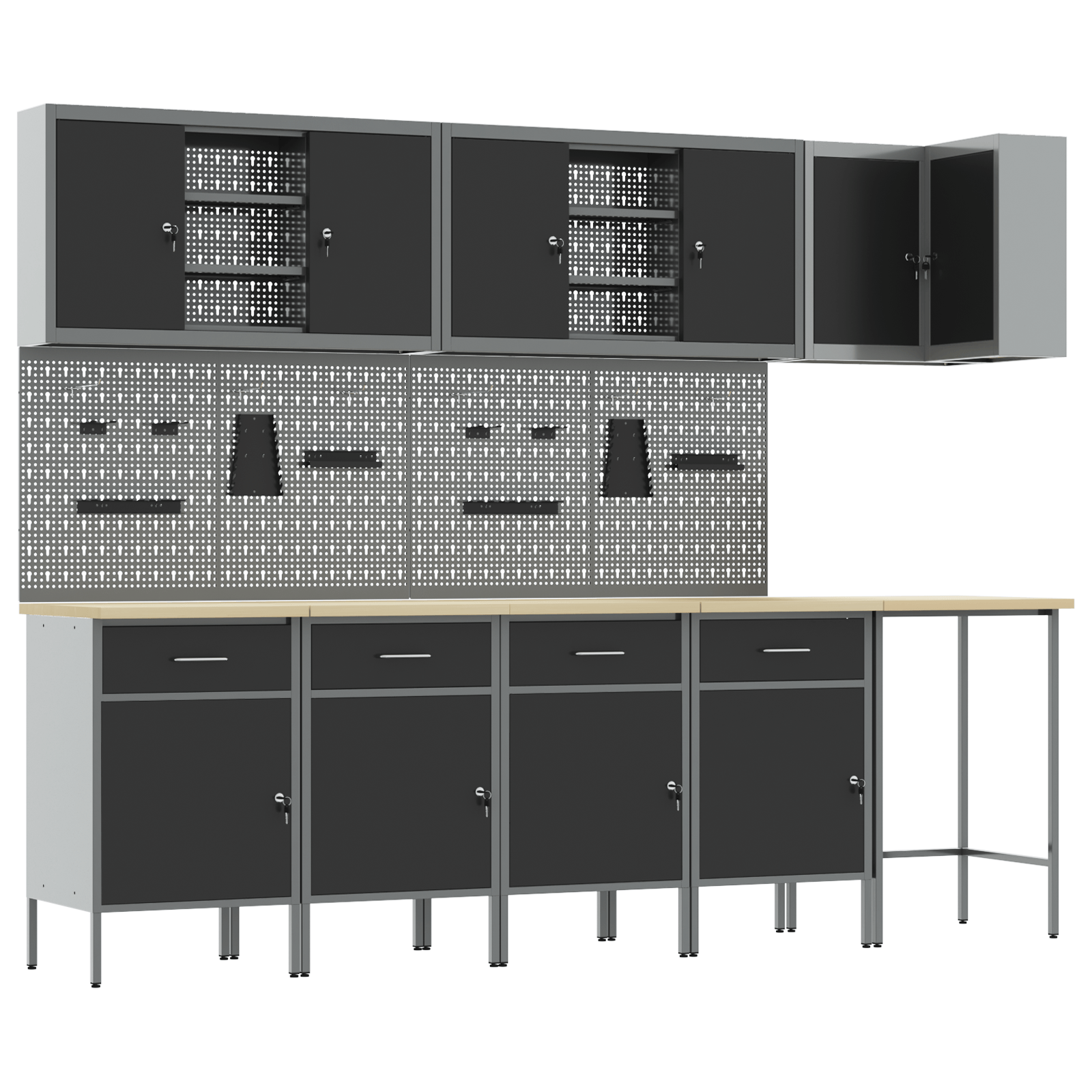 Set dulap lucru & panou carlige, 12 piese, negru, MDF & metal — imaginea 2