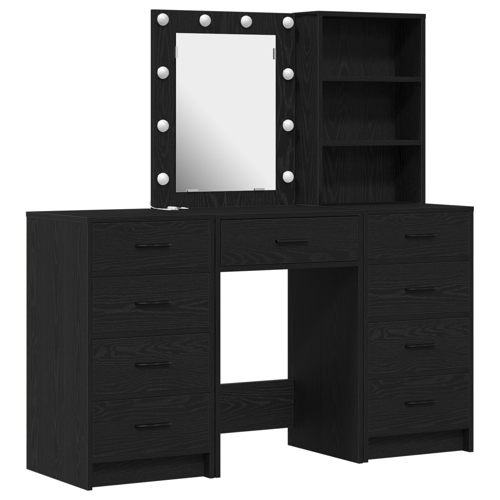 Set masa toaleta cu LED, 3 piese, negru, lemn prelucrat — imaginea 2