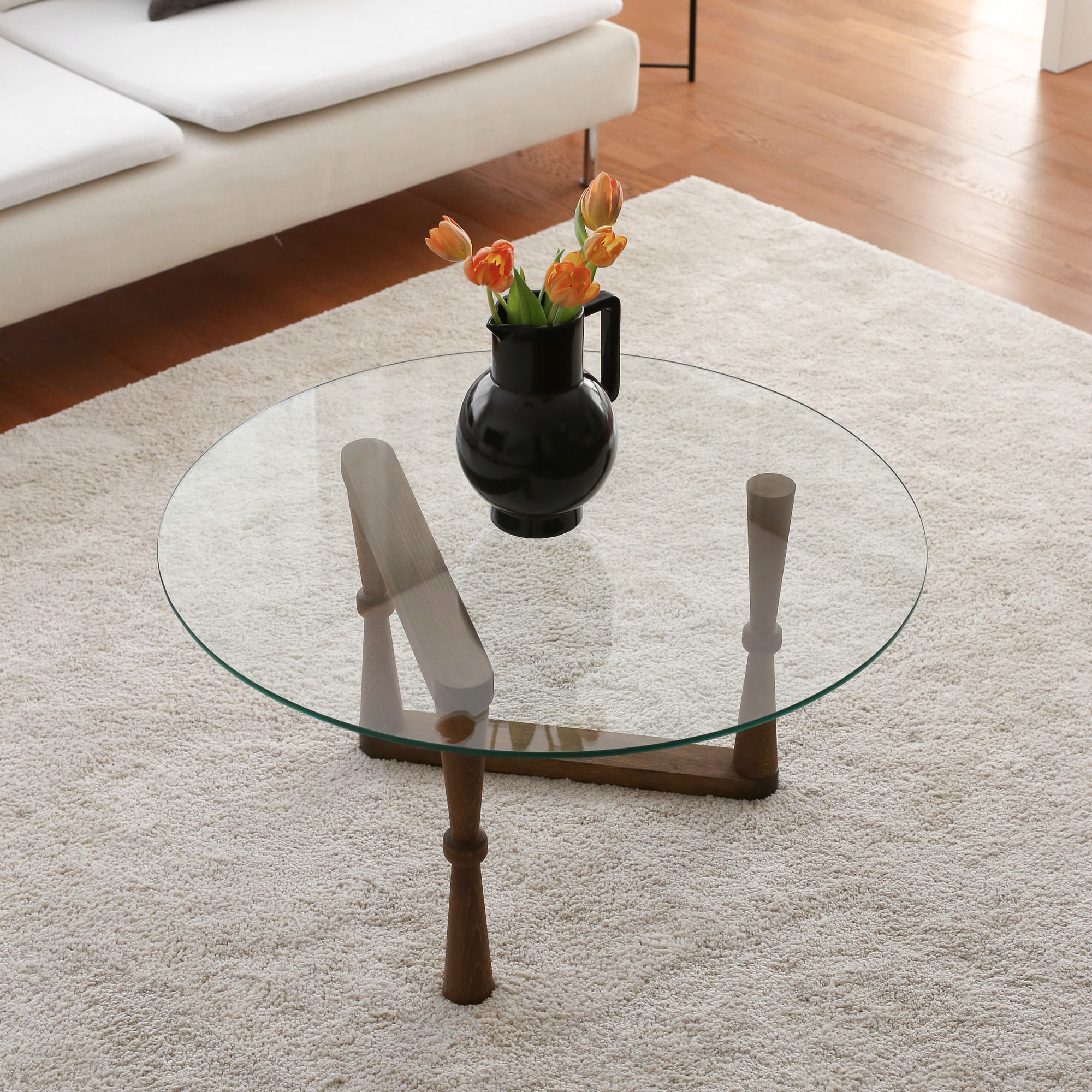Masuta de cafea, Hanah Home, lemn masiv de pin, sticla calita, nuc, 80x80x41 cm — imaginea 2
