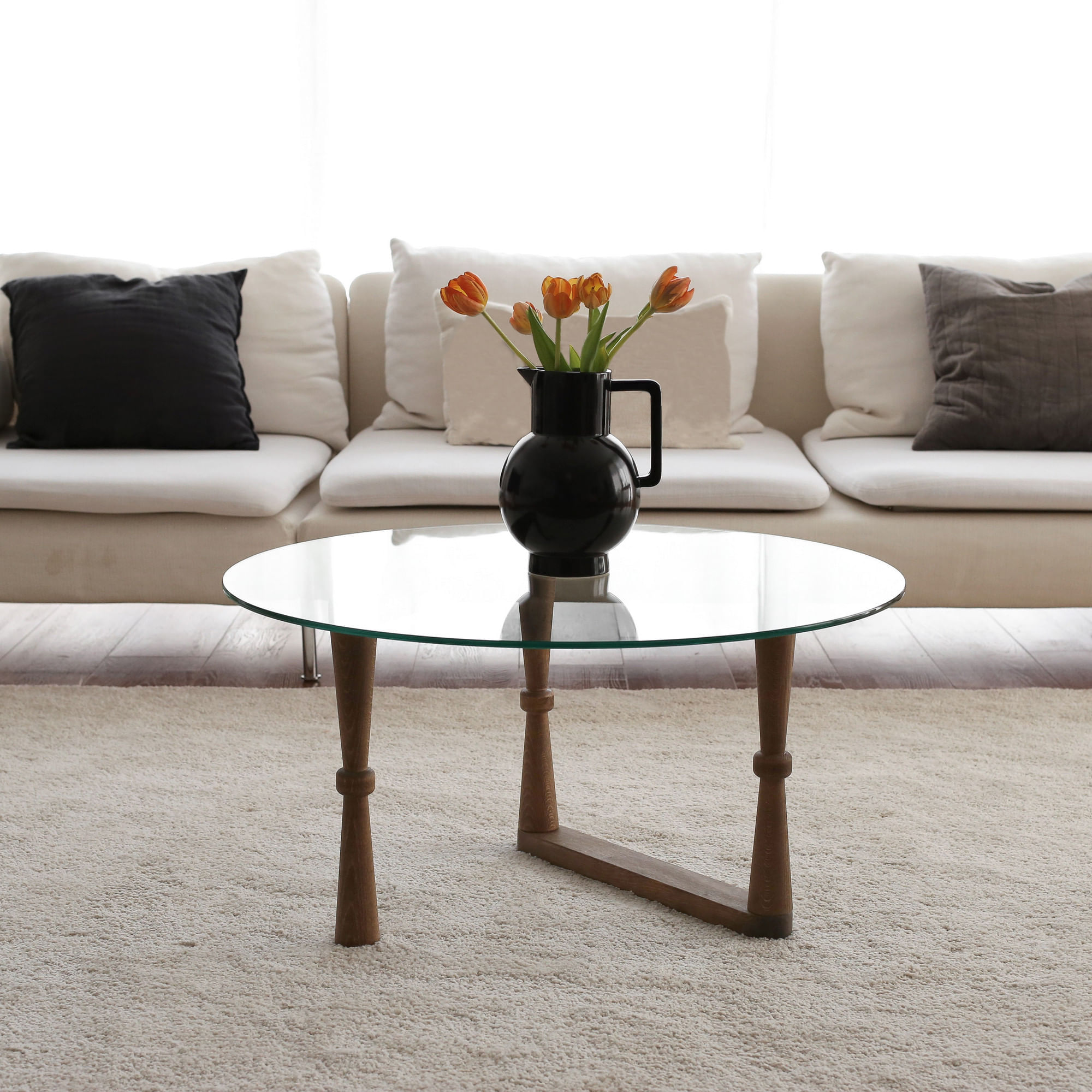 Masuta de cafea, Hanah Home, lemn masiv de pin, sticla calita, nuc, 80x80x41 cm — imaginea 3